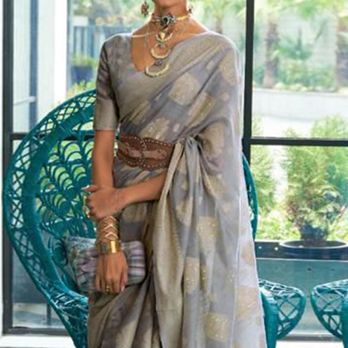 Grey Woven-Sequence Handloom Silk Saree - Peachmode