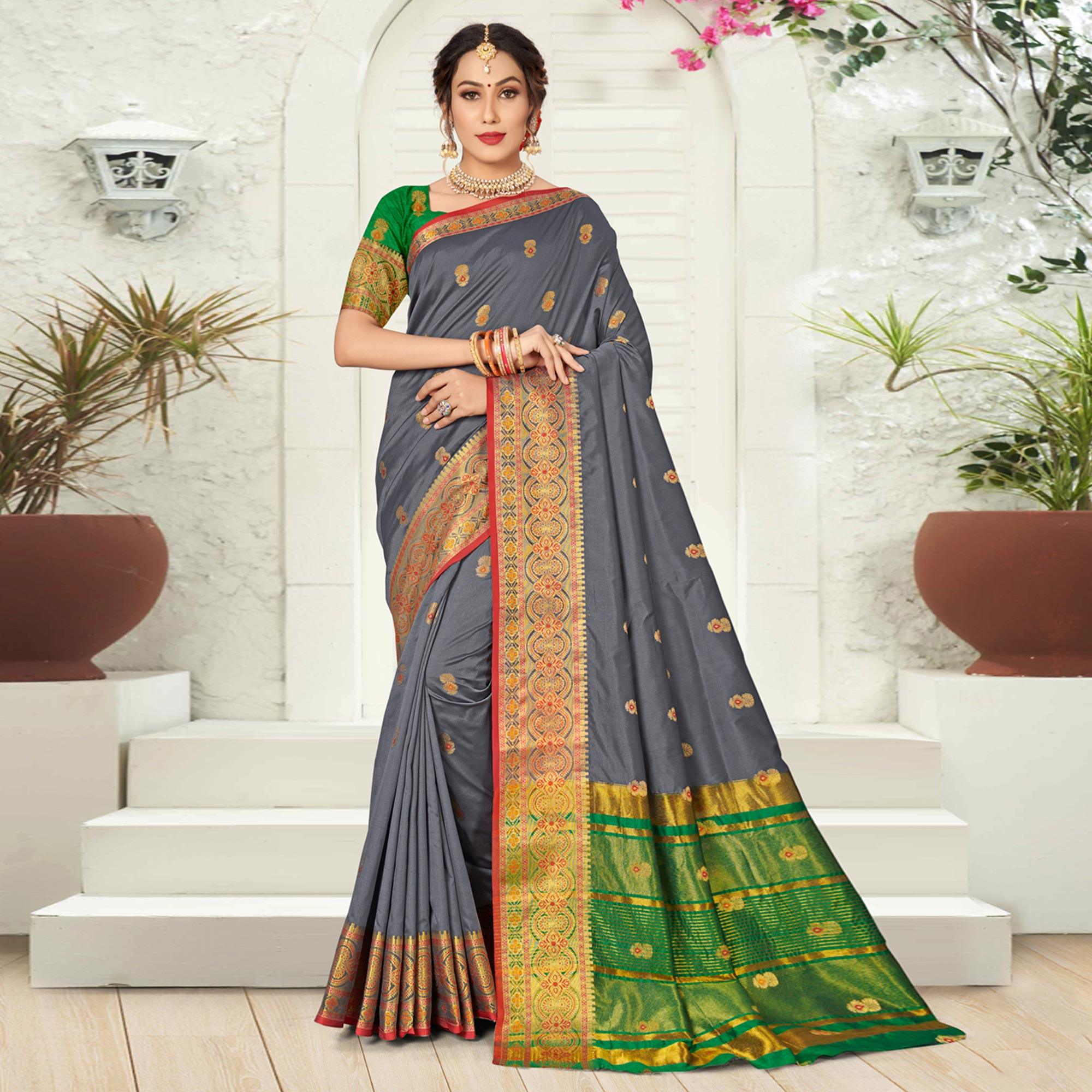 Grey Woven Silk Saree - Peachmode