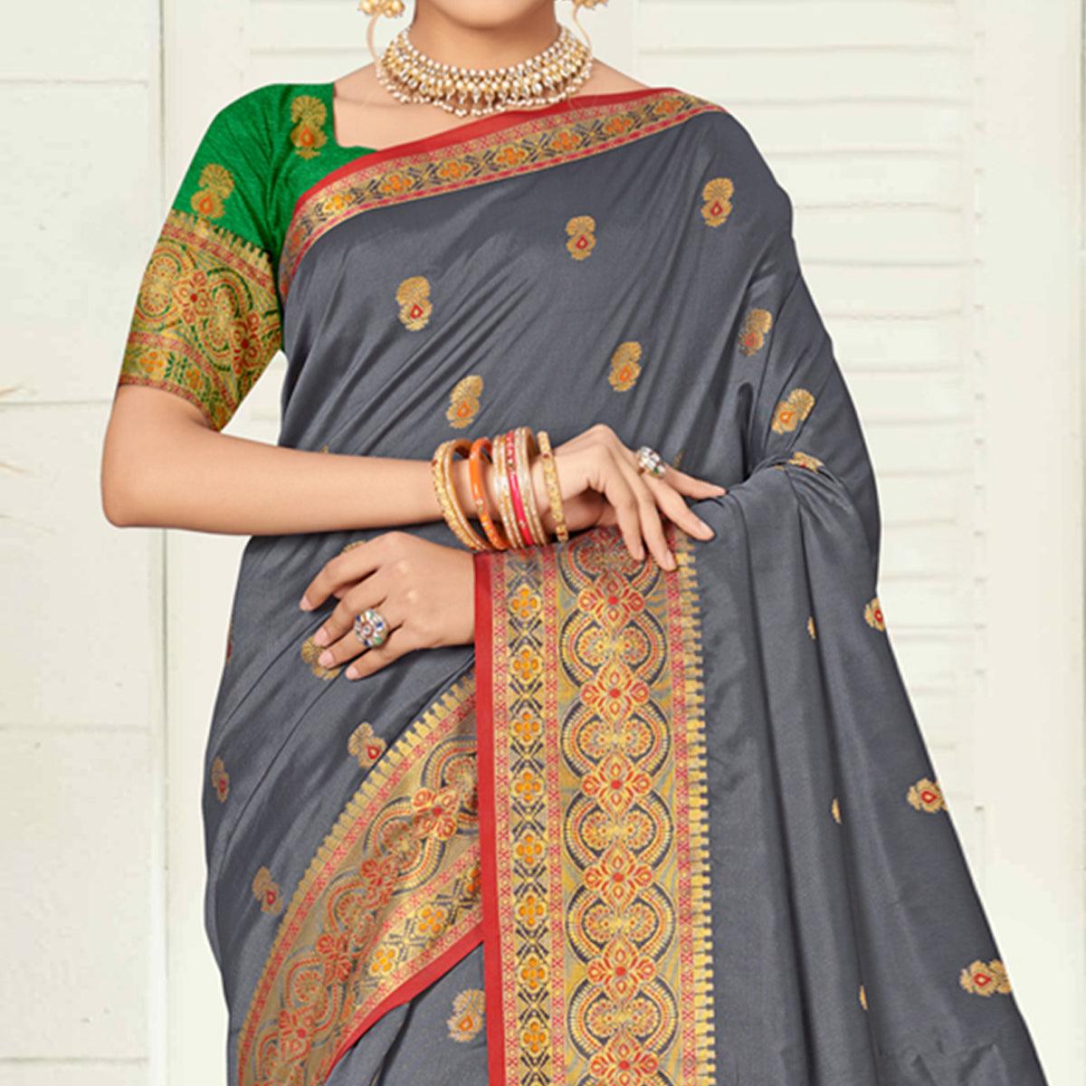 Grey Woven Silk Saree - Peachmode