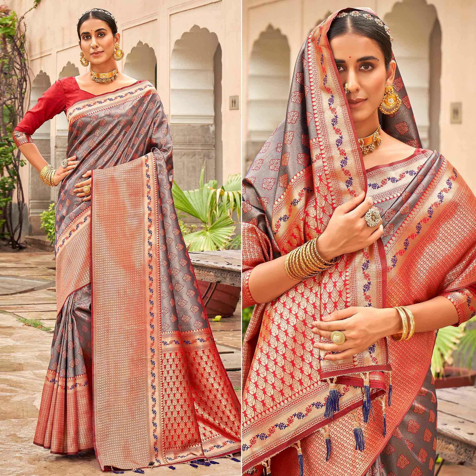 Grey Woven Silk Saree With Tassels - Peachmode