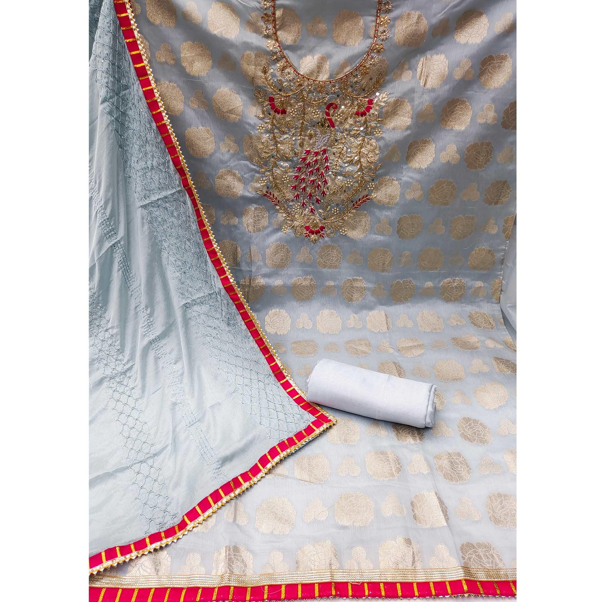 Grey Woven With Embellished Jacquard Dress Material - Peachmode