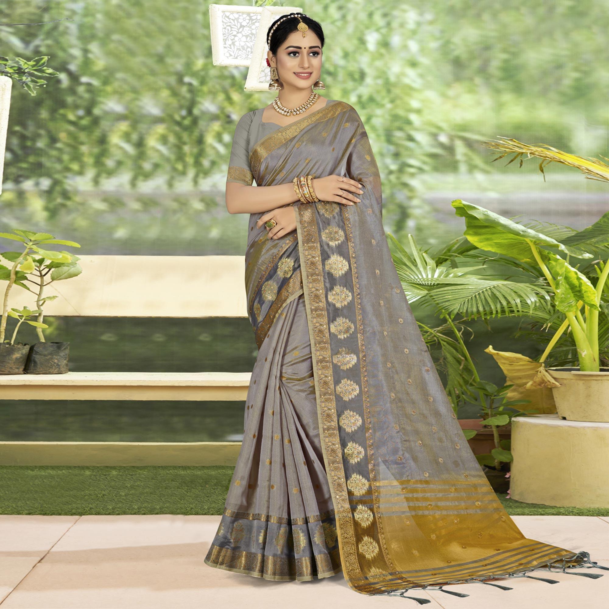 Grey Woven With Embellished Organza Saree With Tassels - Peachmode