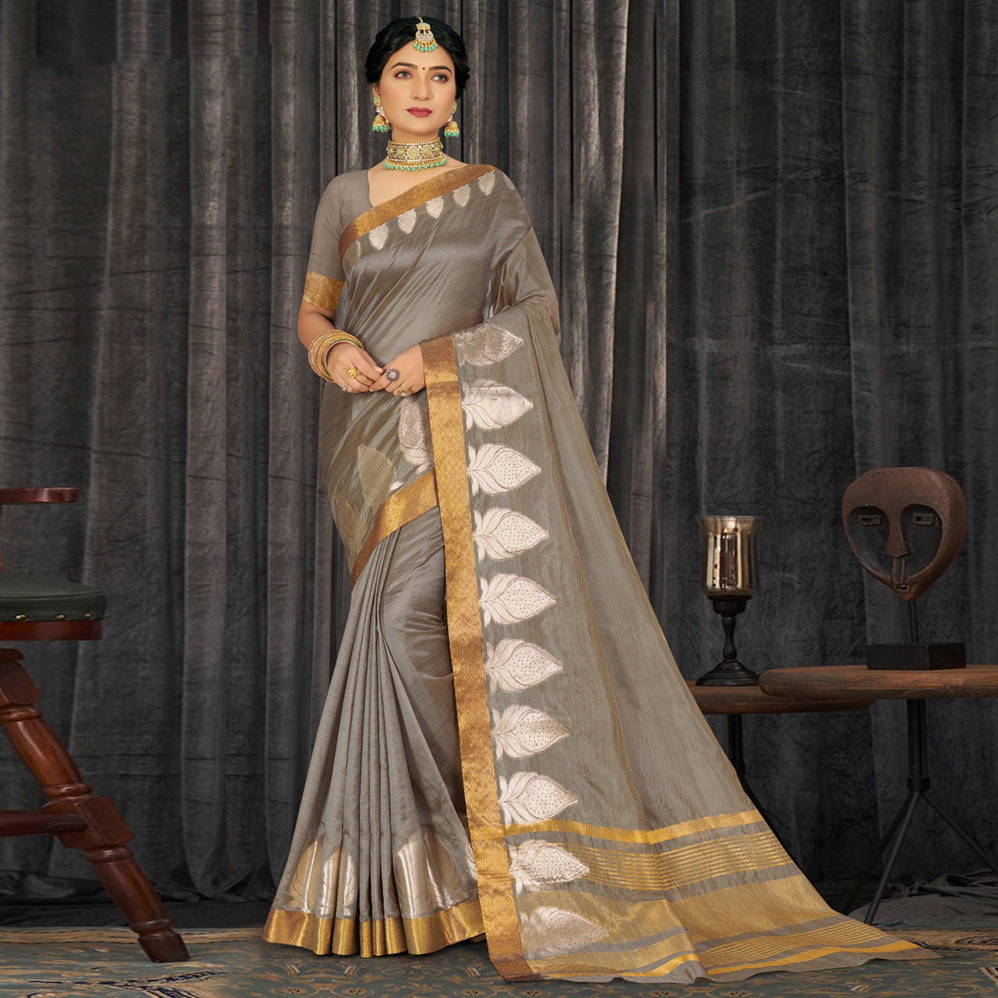 Grey Woven With Embellished Poly Cotton Saree - Peachmode