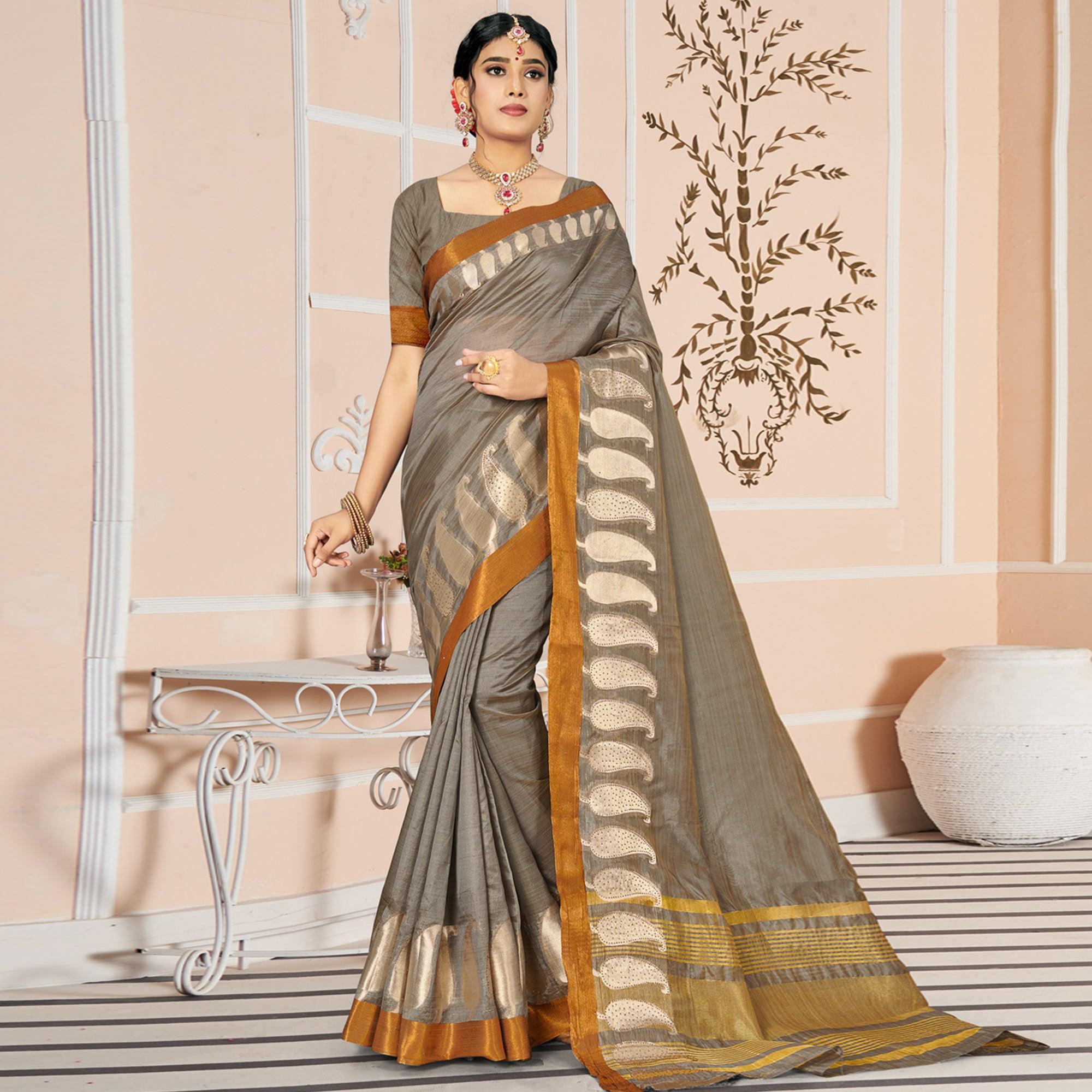 Grey Woven With Embellished Poly Cotton Saree - Peachmode