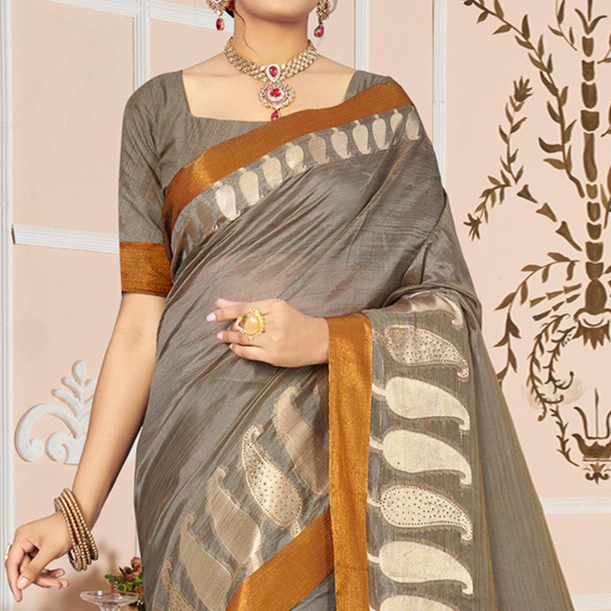 Grey Woven With Embellished Poly Cotton Saree - Peachmode