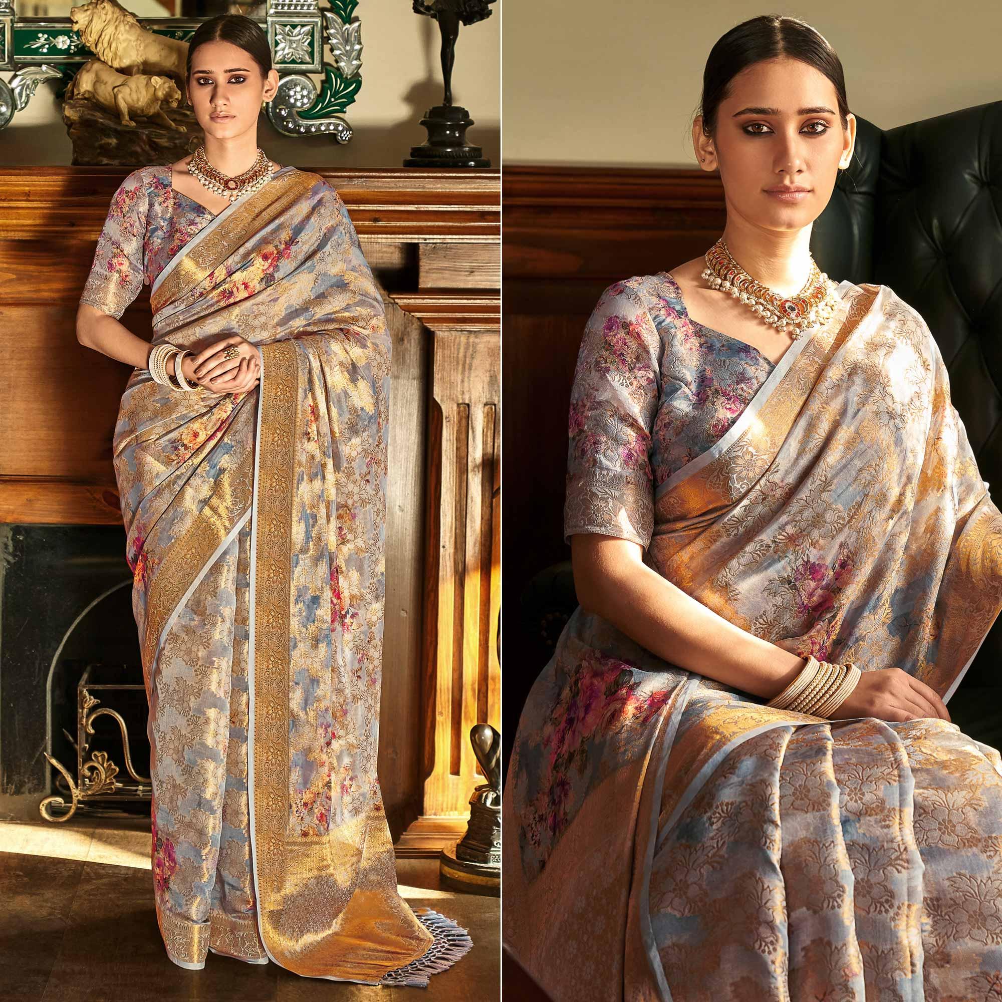 Grey Woven With Printed Cotton Silk Saree With Tassels - Peachmode