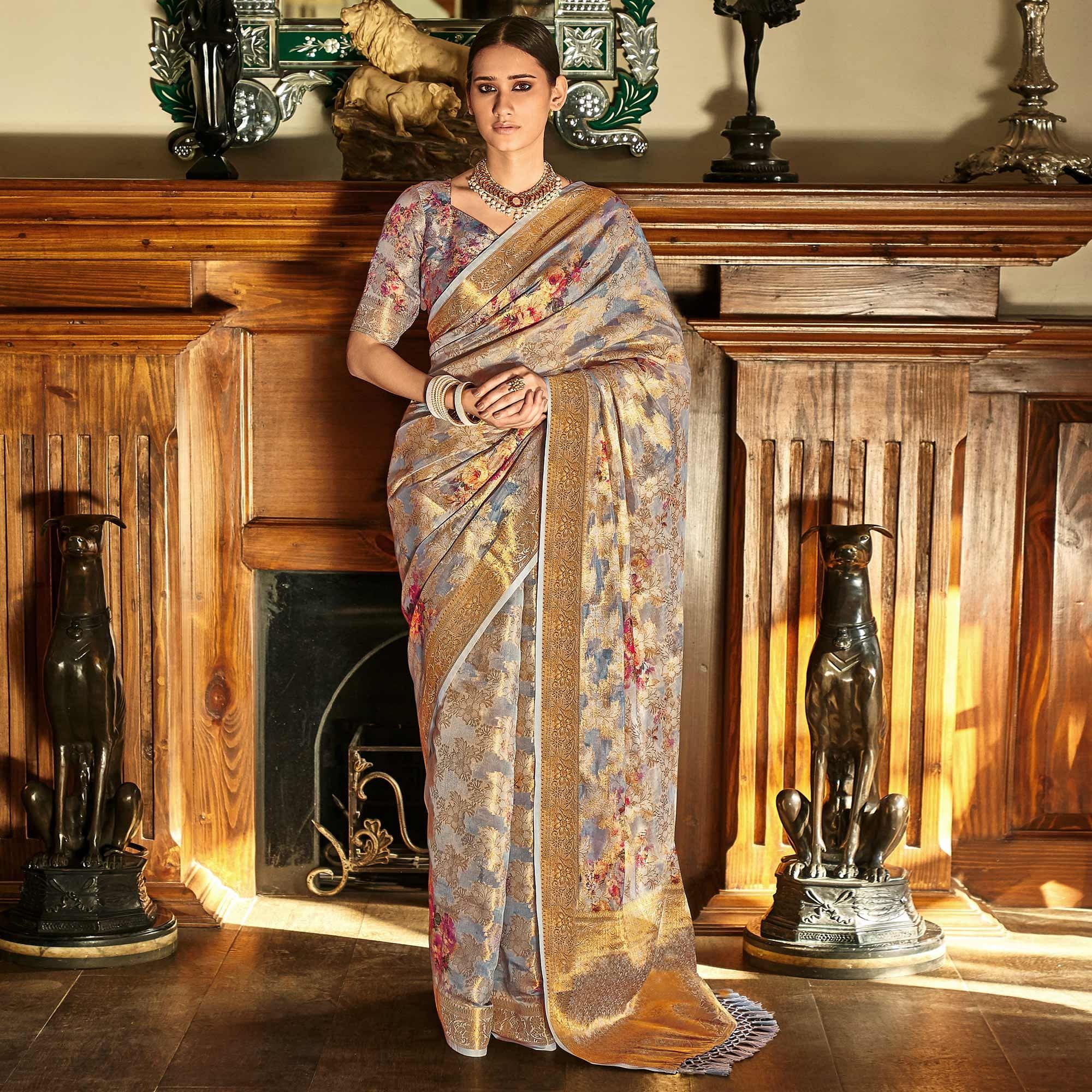 Grey Woven With Printed Cotton Silk Saree With Tassels - Peachmode