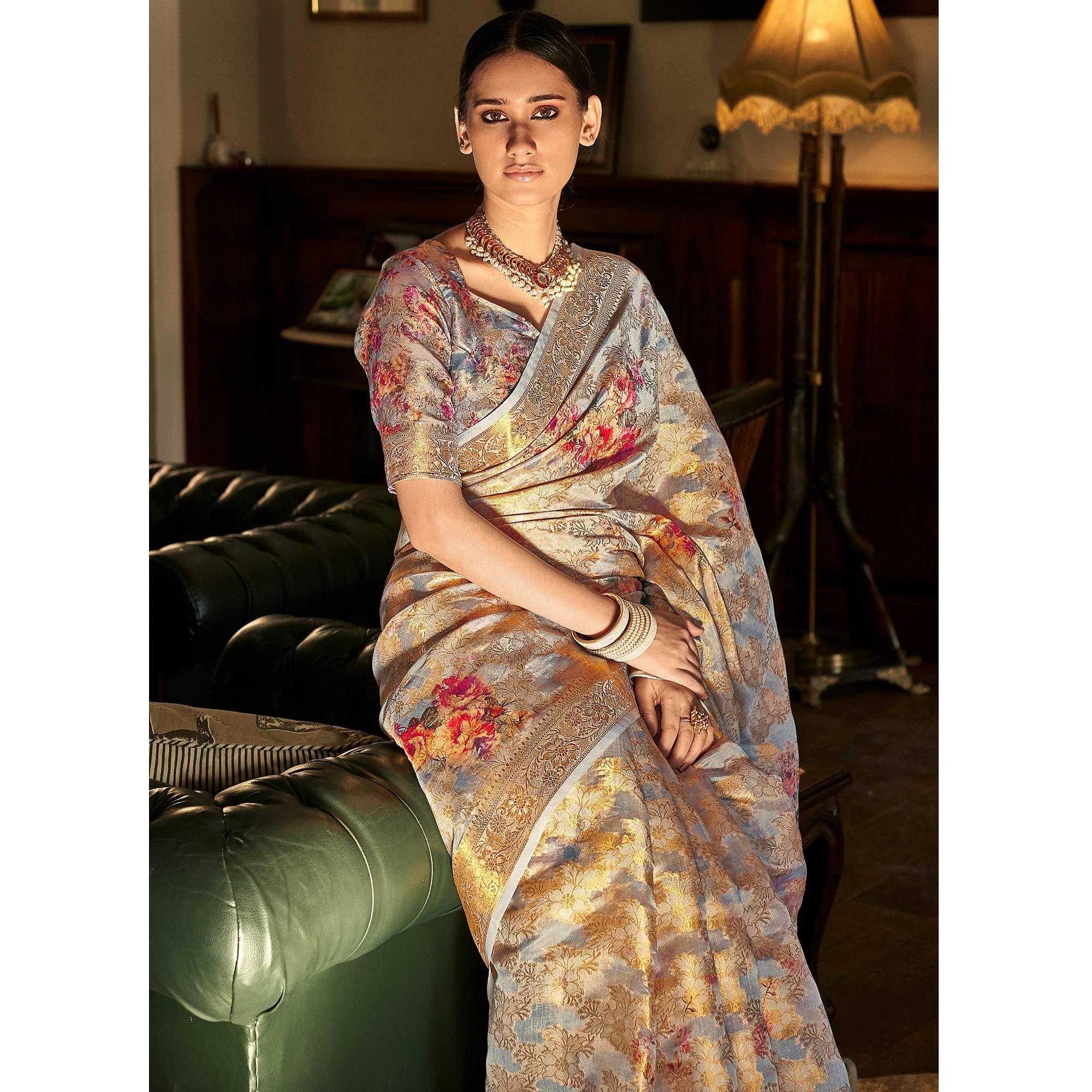 Grey Woven With Printed Cotton Silk Saree With Tassels - Peachmode