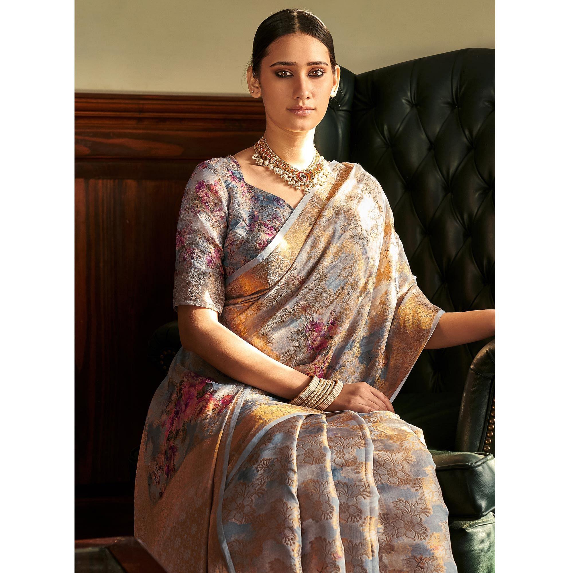 Grey Woven With Printed Cotton Silk Saree With Tassels - Peachmode