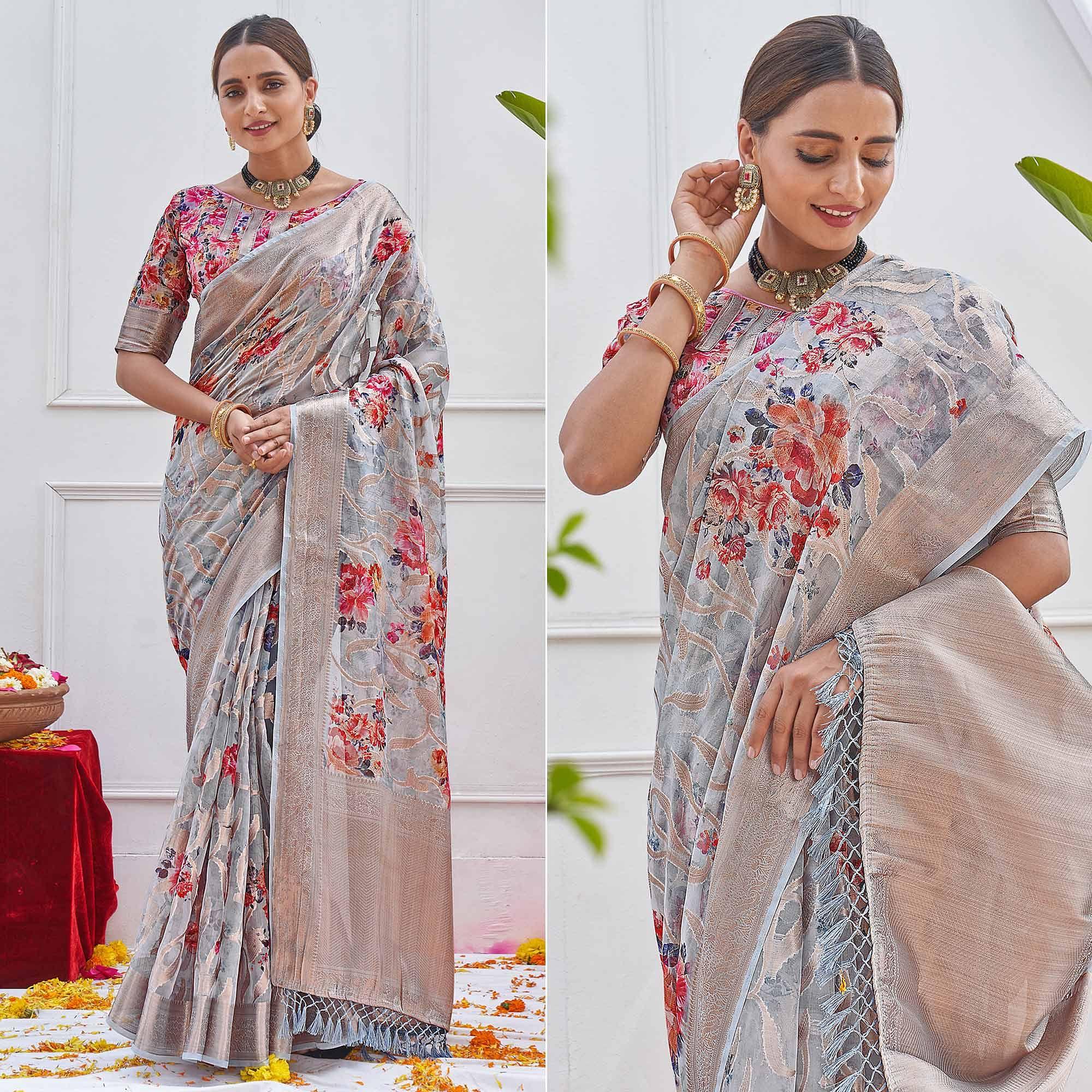Grey Woven With Printed Organza Saree - Peachmode