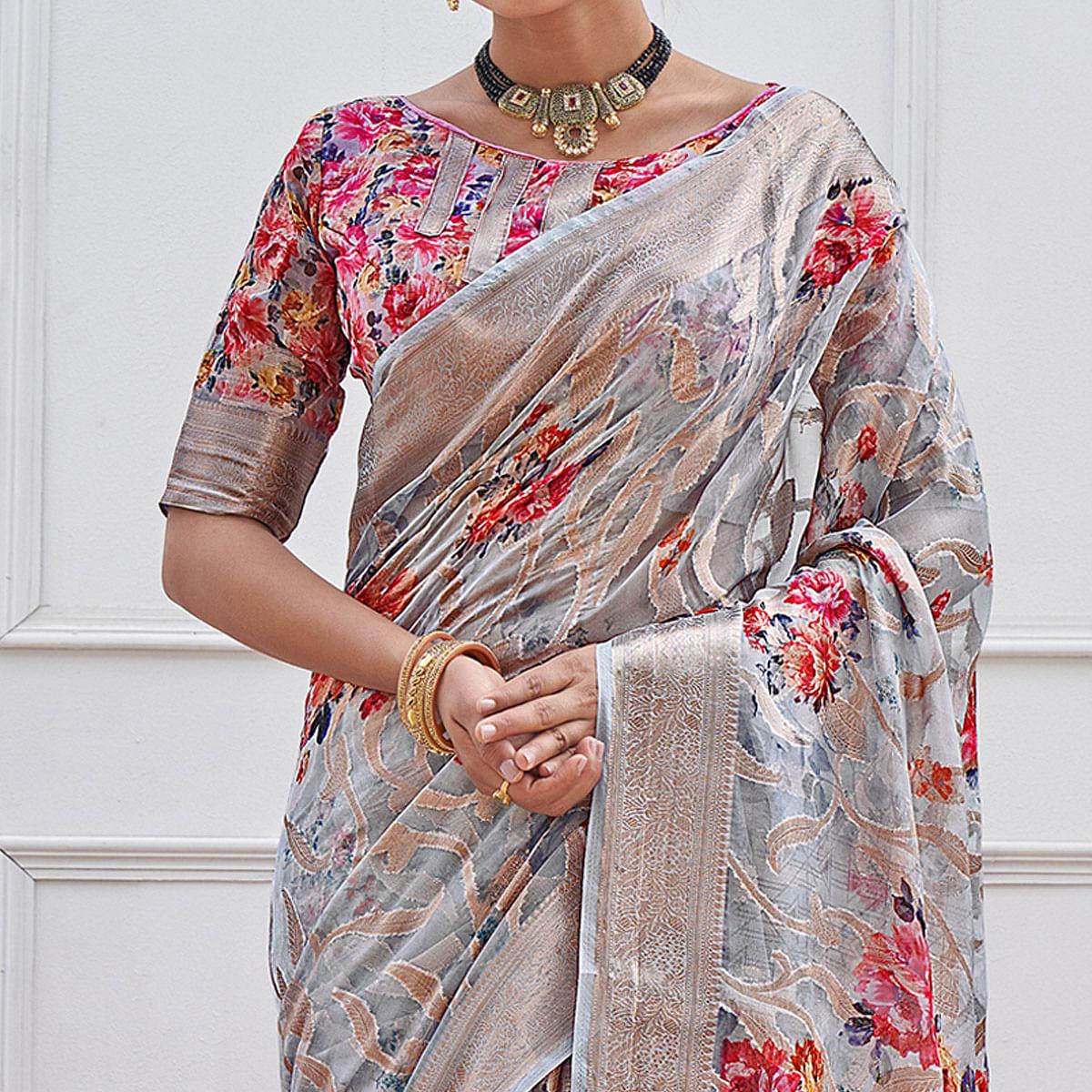 Grey Woven With Printed Organza Saree - Peachmode