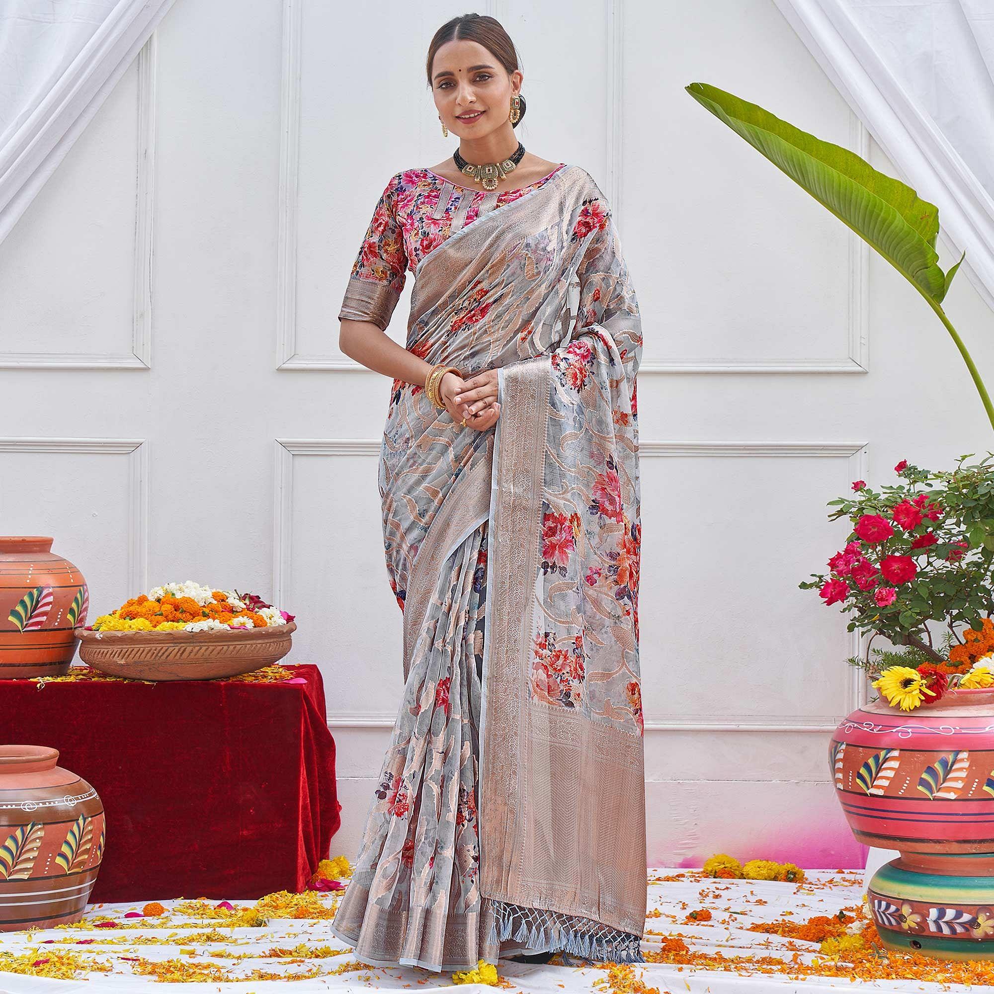 Grey Woven With Printed Organza Saree - Peachmode