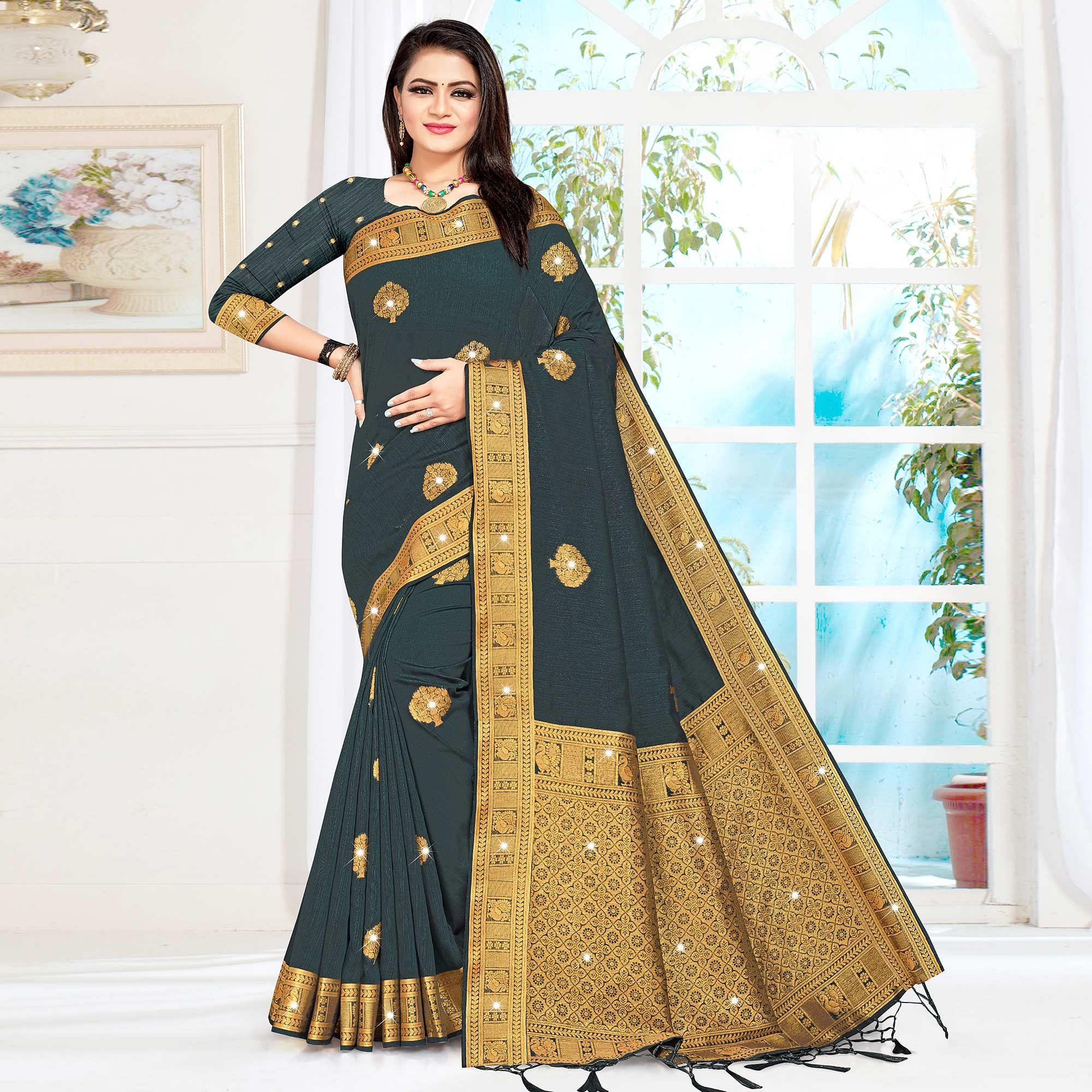 Grey Woven With Swarovski Cotton Silk Saree With Tassels - Peachmode