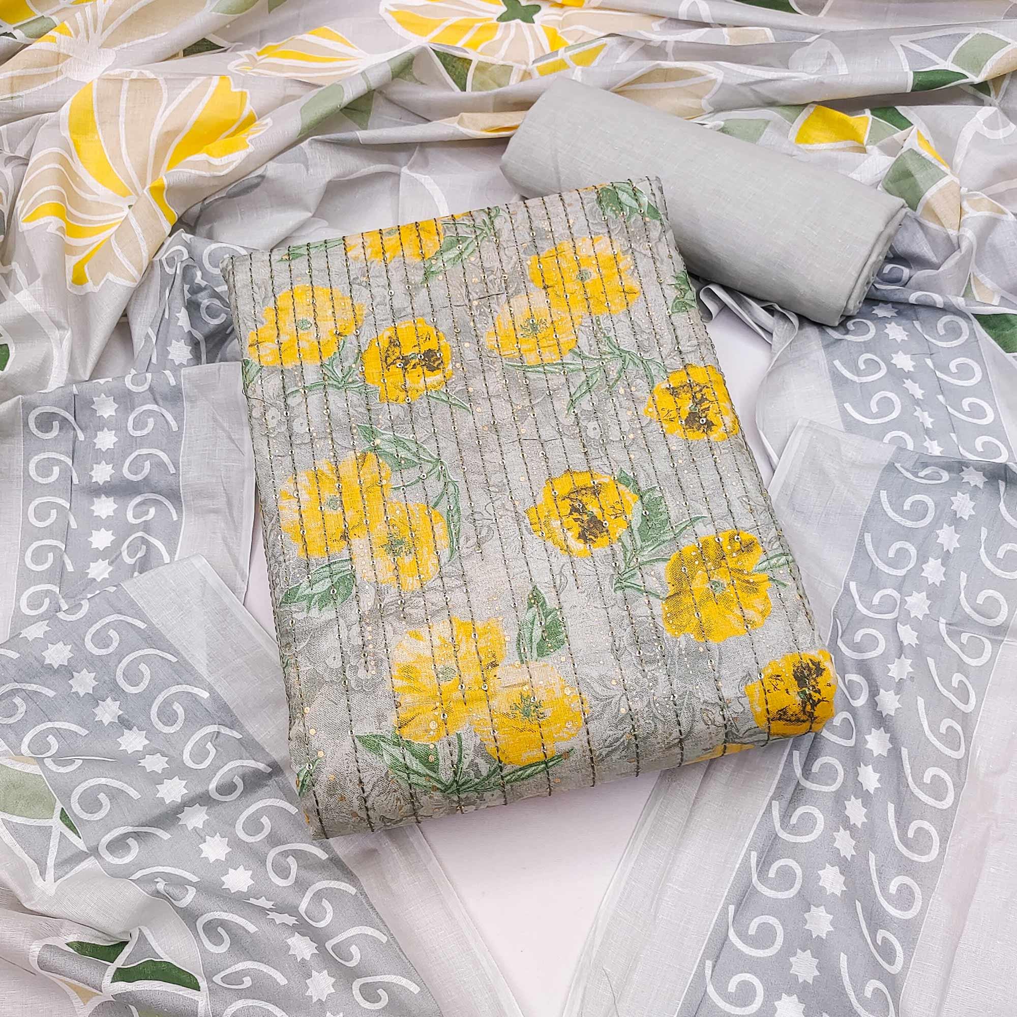 Grey-Yellow Printed With Embroidered Pure Cotton Dress Material - Peachmode