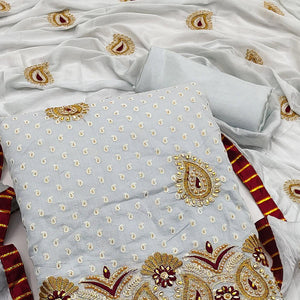 Grey Zardosi Work Fancy Fabric Dress Material - Peachmode