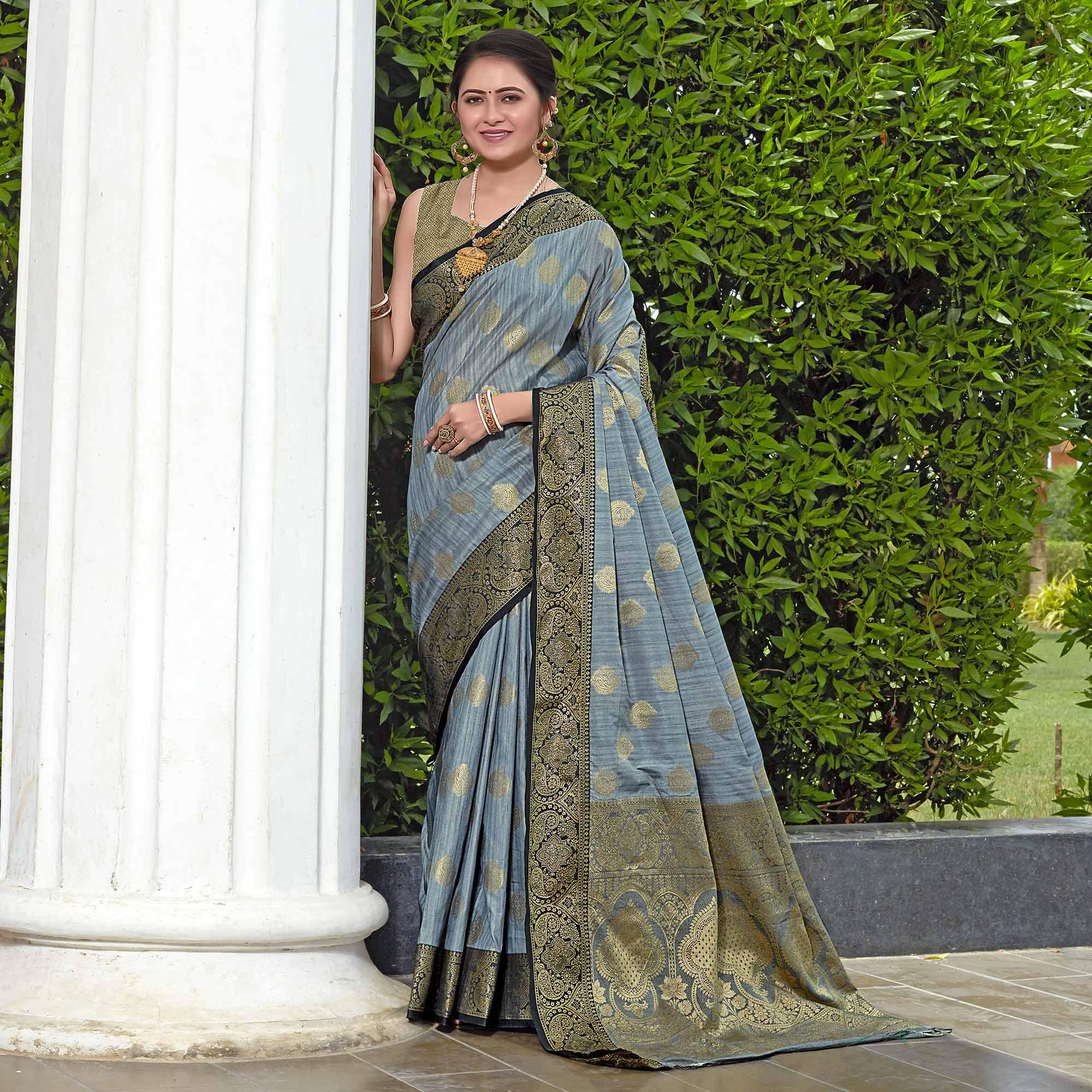 Grey Zari Woven Art Silk Saree - Peachmode