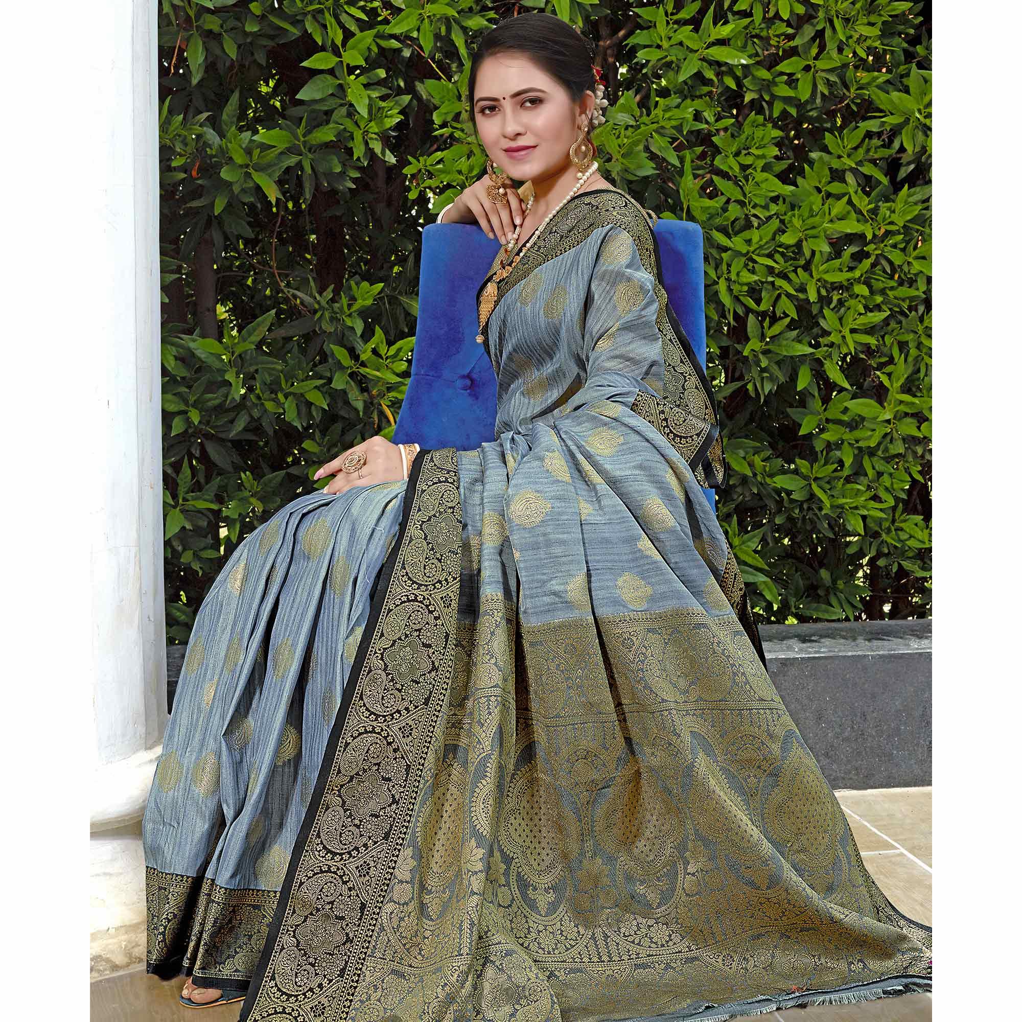 Grey Zari Woven Art Silk Saree - Peachmode
