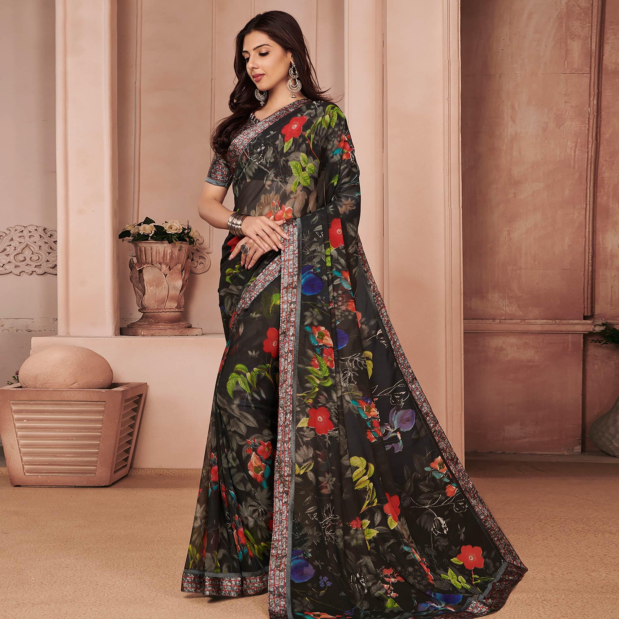 Greyish-Green Festive Wear Floral Printed Weightless Satin Lace Saree - Peachmode