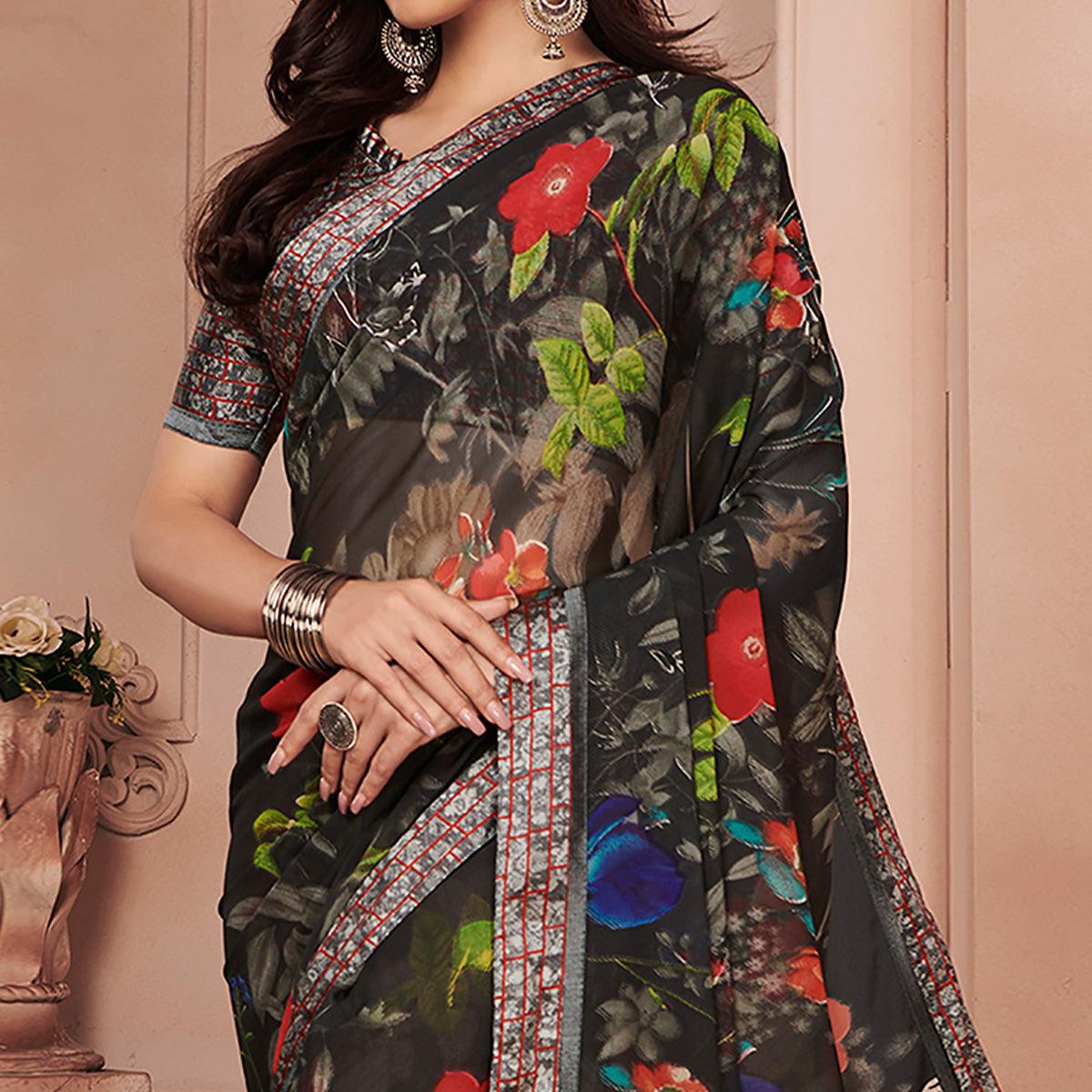 Greyish-Green Festive Wear Floral Printed Weightless Satin Lace Saree - Peachmode