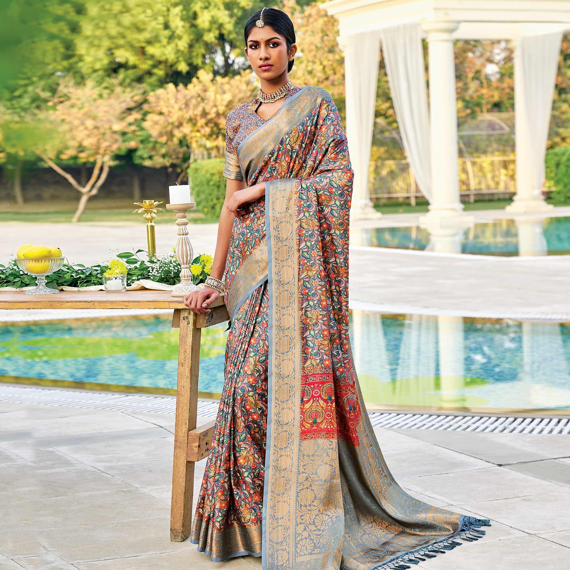 Greyish Multi Festive Wear Digital Printed Woven Silk Saree - Peachmode