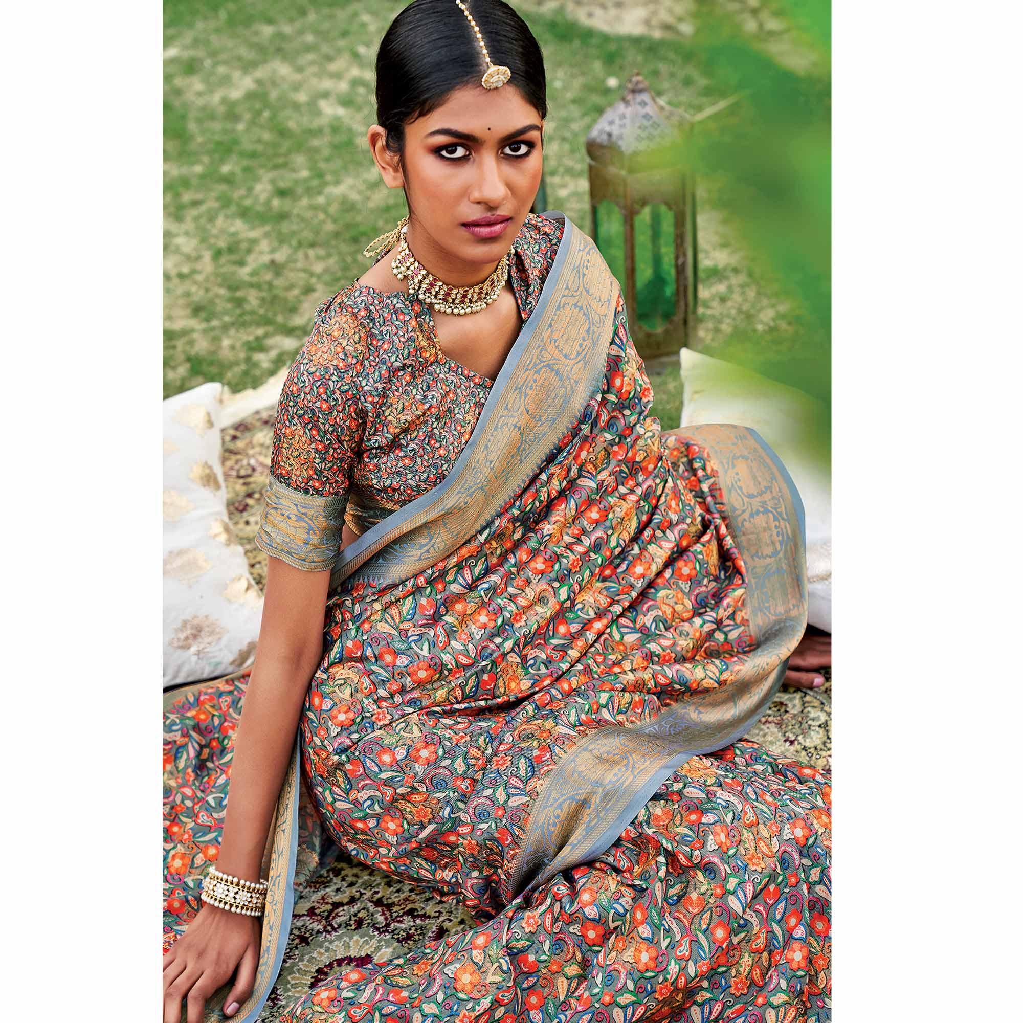Greyish Multi Festive Wear Digital Printed Woven Silk Saree - Peachmode