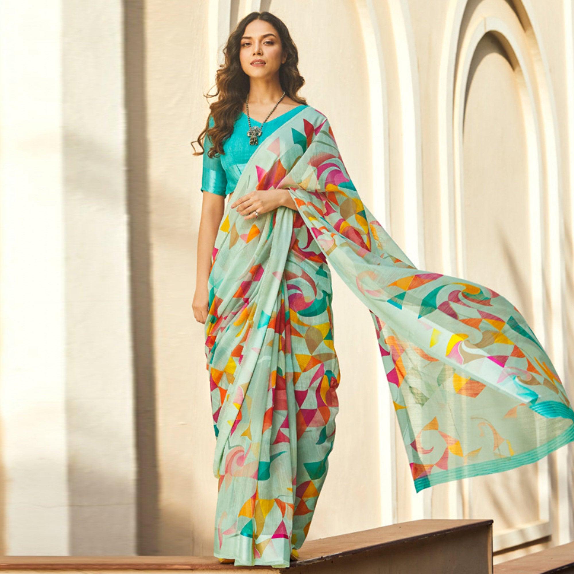 Groovy Aqua Blue Colored Casual Wear Printed Linen - Cotton Saree - Peachmode