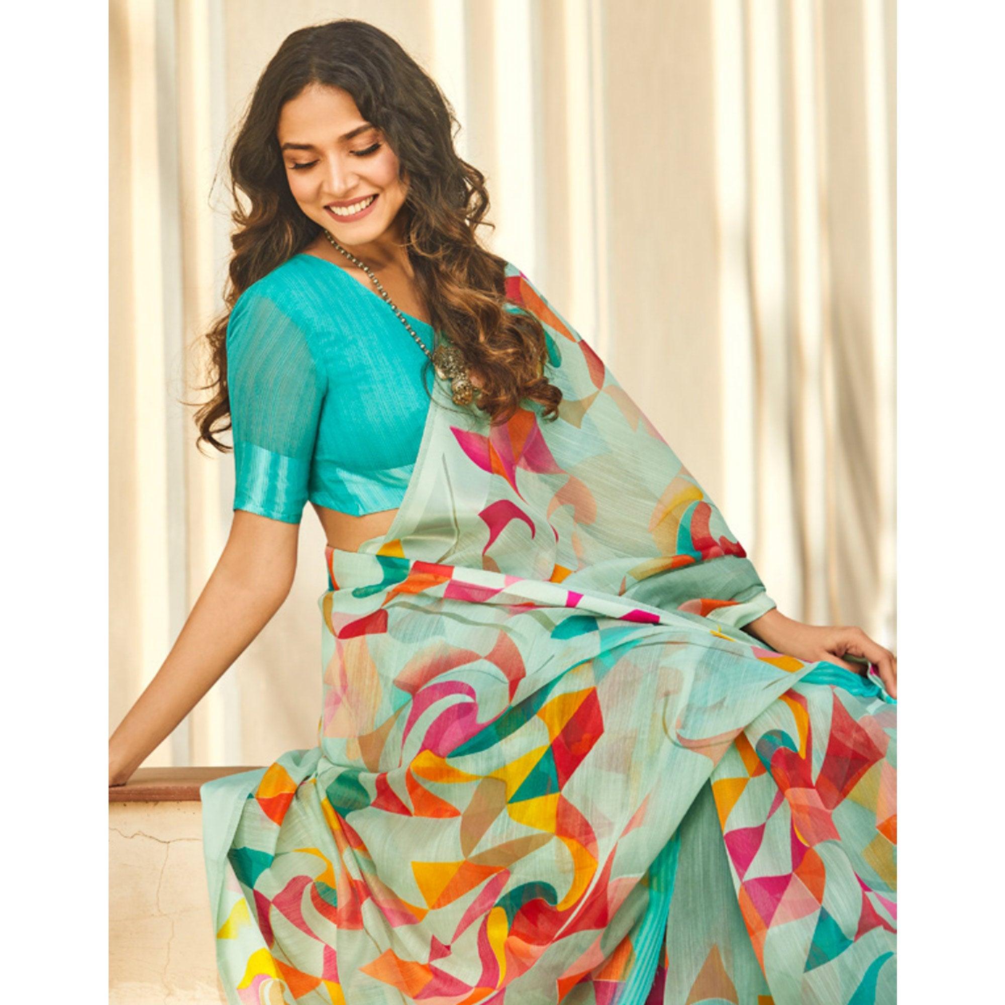Groovy Aqua Blue Colored Casual Wear Printed Linen - Cotton Saree - Peachmode
