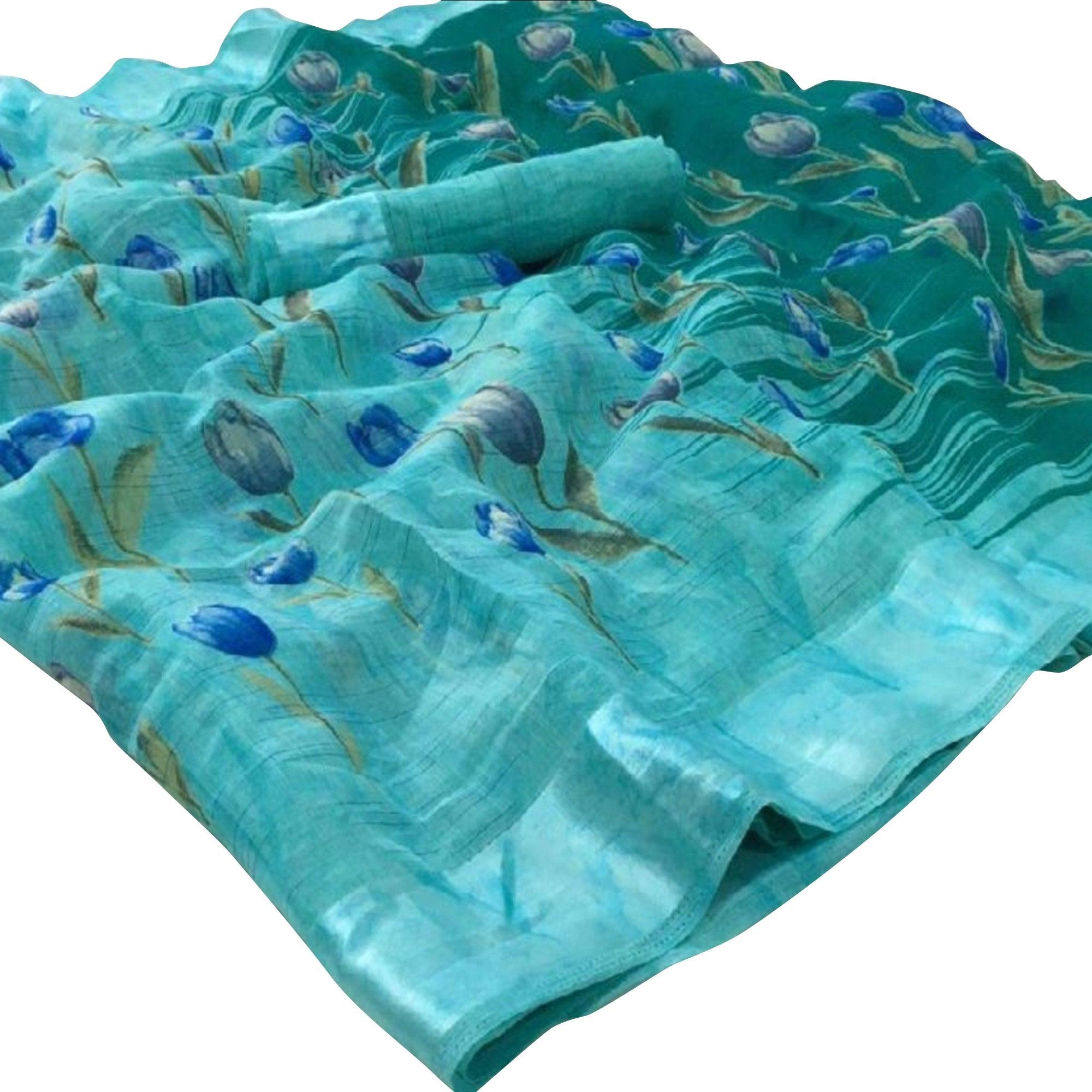 Groovy Auqa Blue Colored Casual Wear Floral Printed Linen Saree - Peachmode