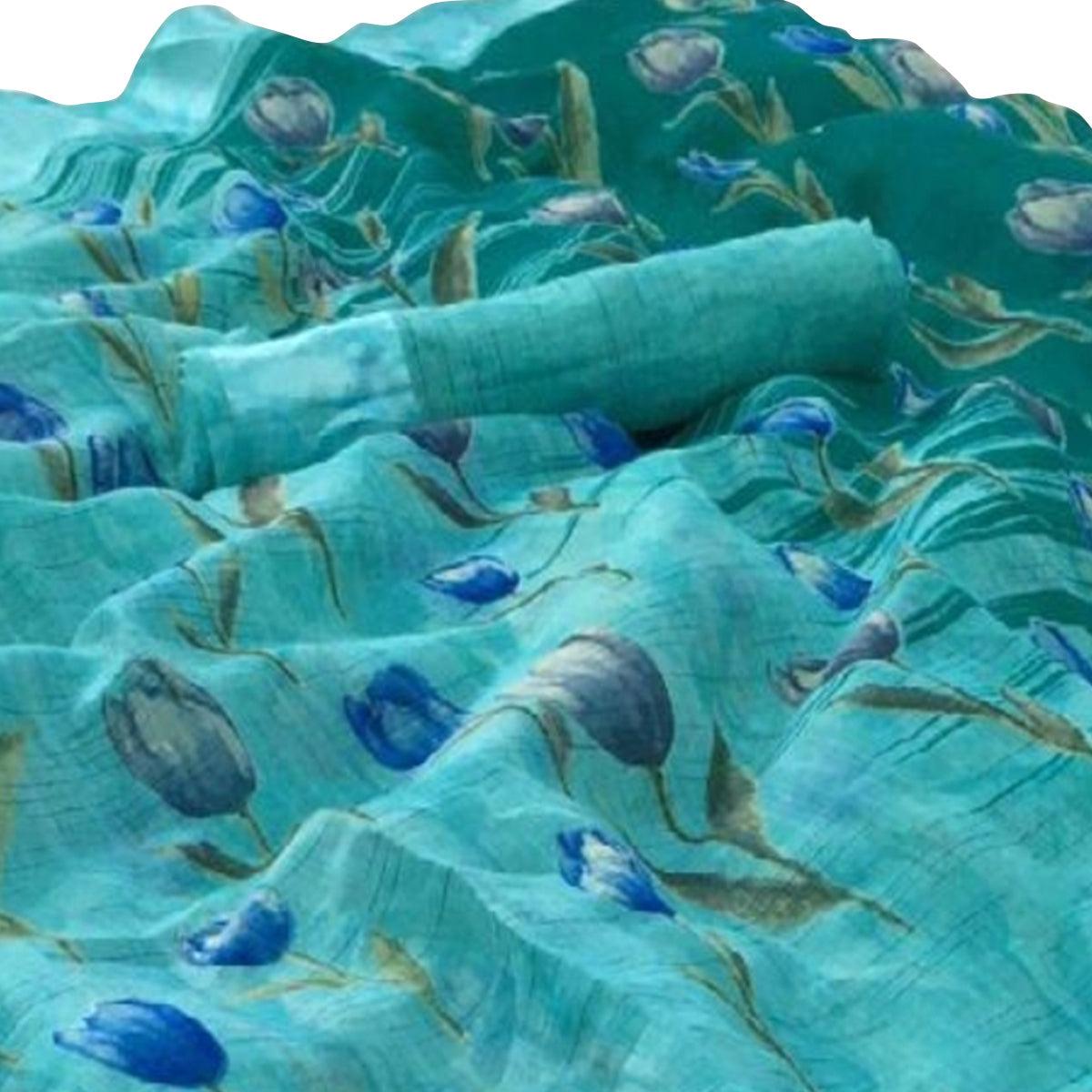 Groovy Auqa Blue Colored Casual Wear Floral Printed Linen Saree - Peachmode