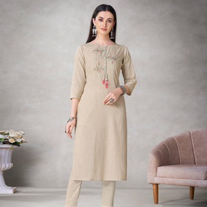Groovy Beige Colored Partywear Embroidered Viscose Kurti - Peachmode