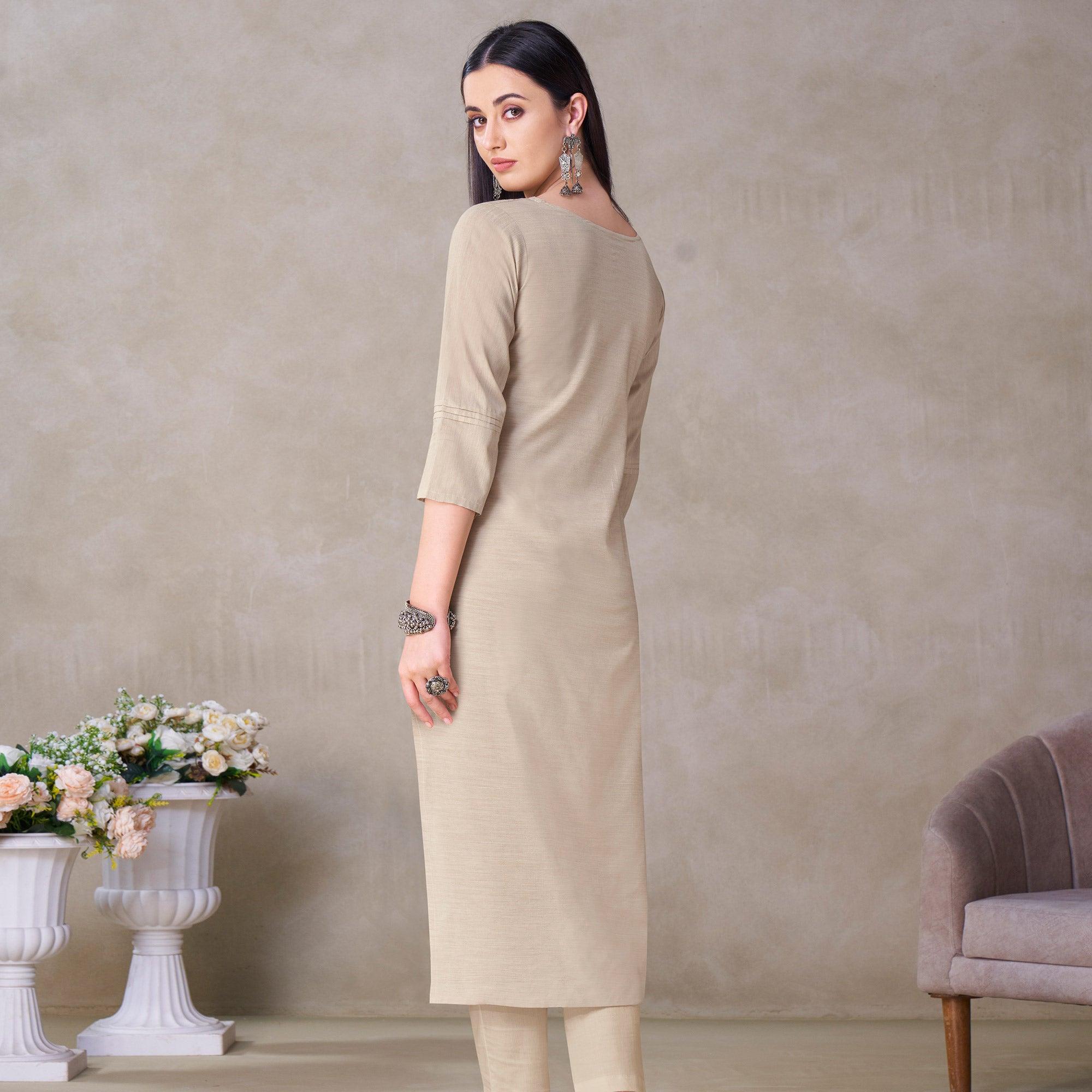 Groovy Beige Colored Partywear Embroidered Viscose Kurti - Peachmode