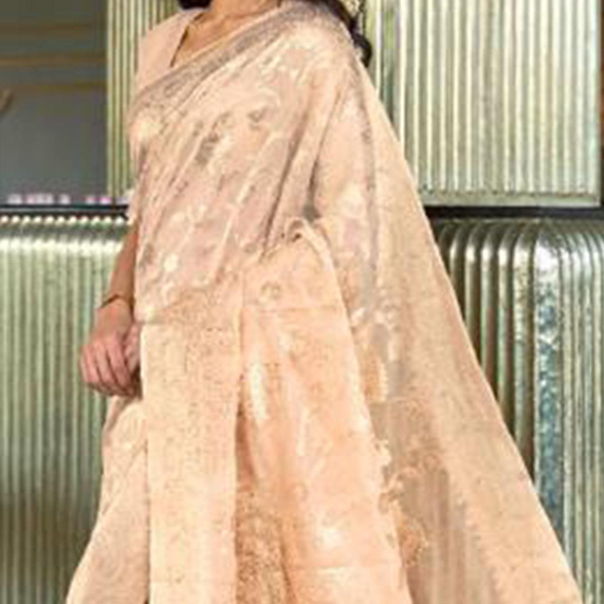 Groovy Beige Coloured Partywear Pure Modal Woven Silk Saree - Peachmode