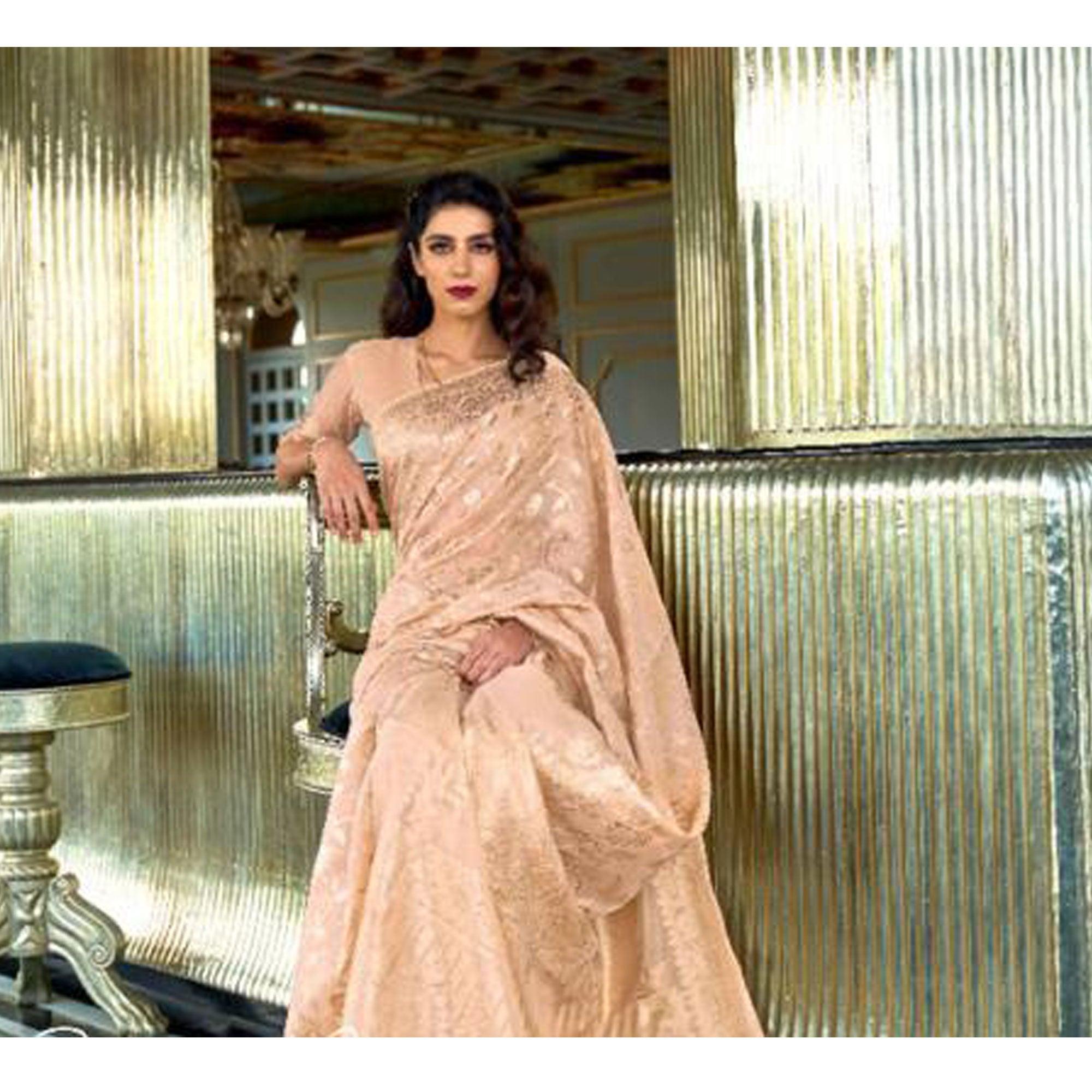 Groovy Beige Coloured Partywear Pure Modal Woven Silk Saree - Peachmode