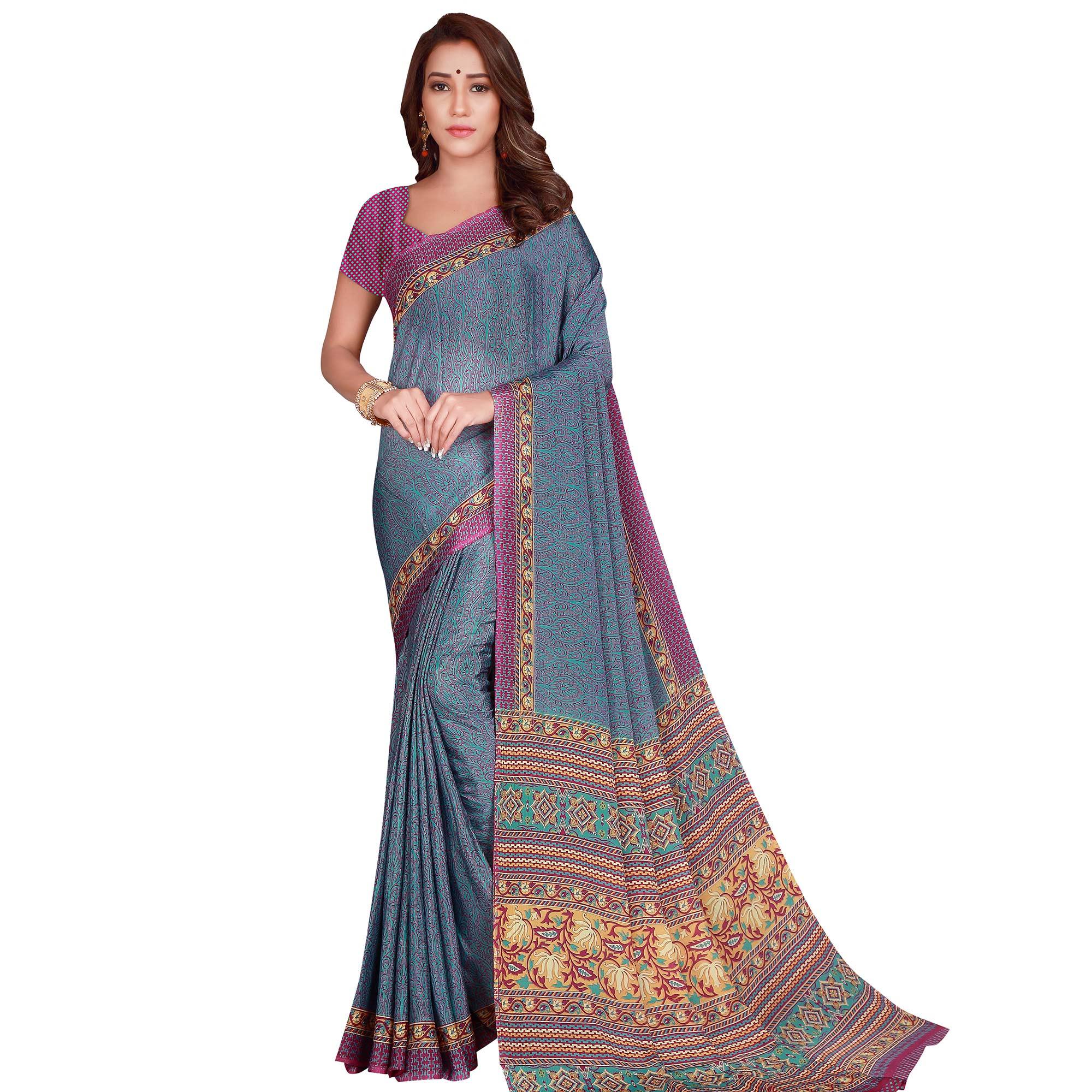 Groovy Blue Colored Casual Wear Printed Silk Crepe Saree - Peachmode