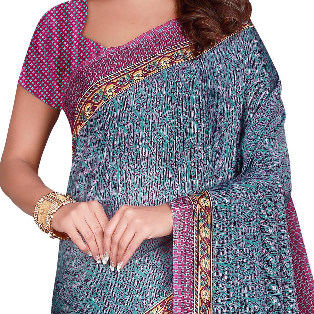Groovy Blue Colored Casual Wear Printed Silk Crepe Saree - Peachmode