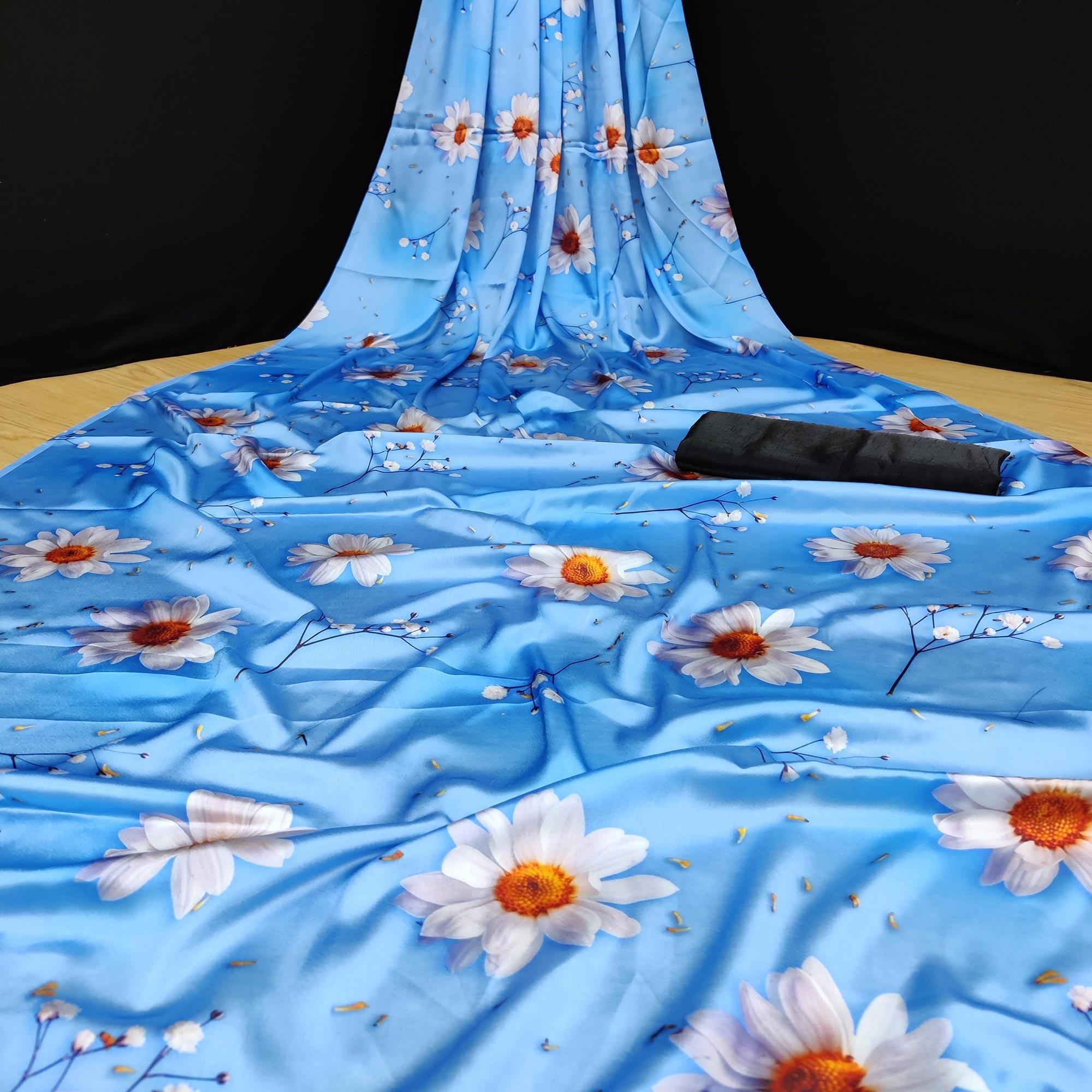 Groovy Blue Coloured Casual Wear Digital Printed Satin Saree - Peachmode
