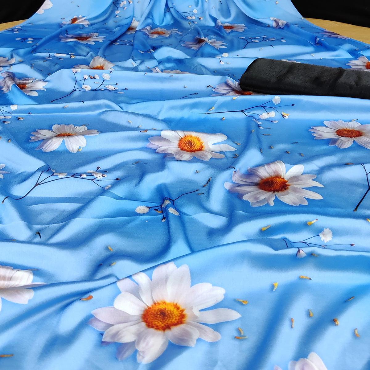 Groovy Blue Coloured Casual Wear Digital Printed Satin Saree - Peachmode