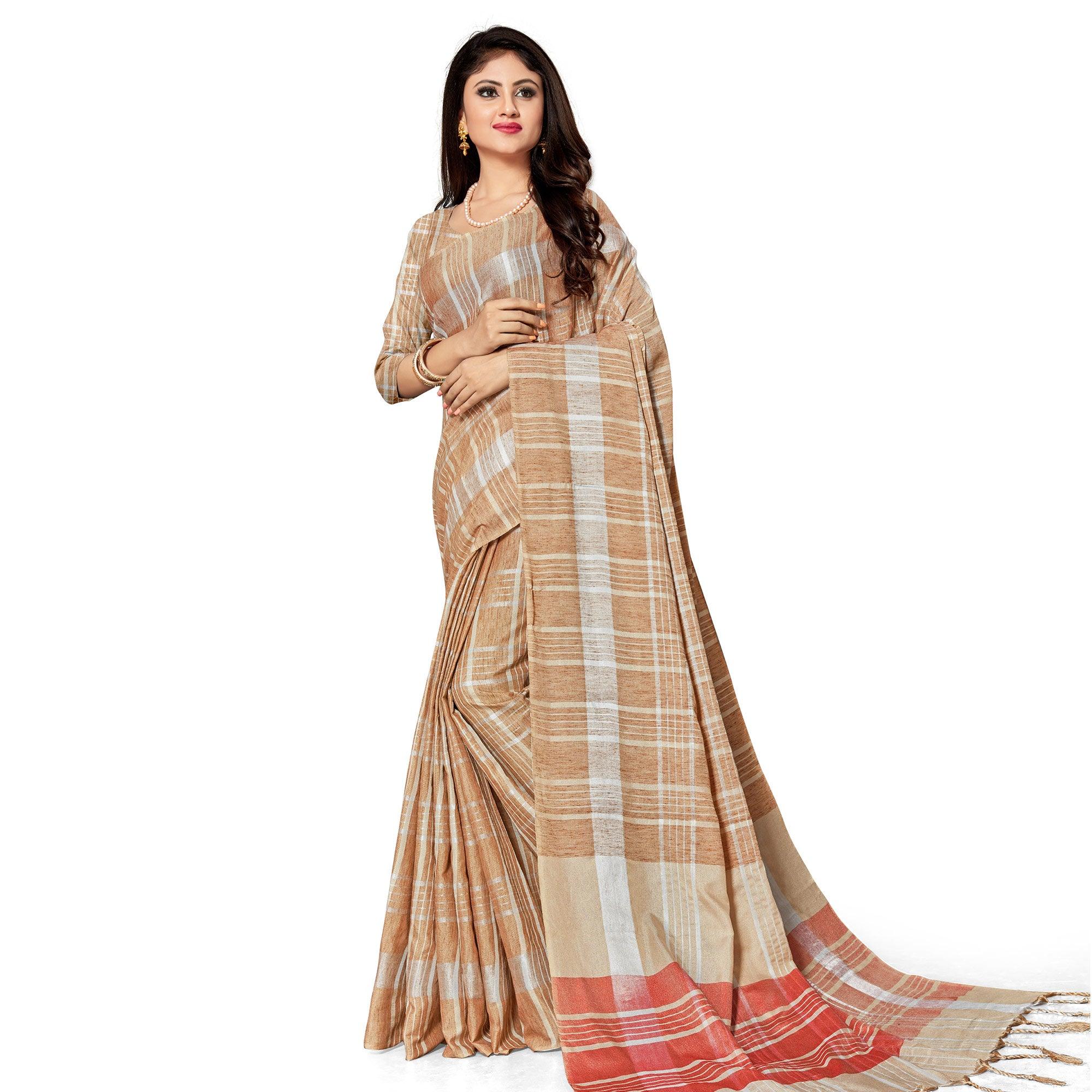 Groovy Brown Colored Fesive Wear Stripe Print Cotton Silk Saree With Tassels - Peachmode
