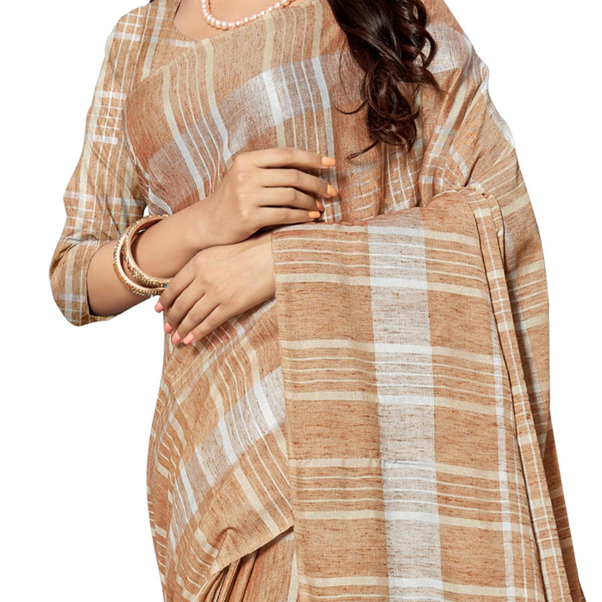Groovy Brown Colored Fesive Wear Stripe Print Cotton Silk Saree With Tassels - Peachmode