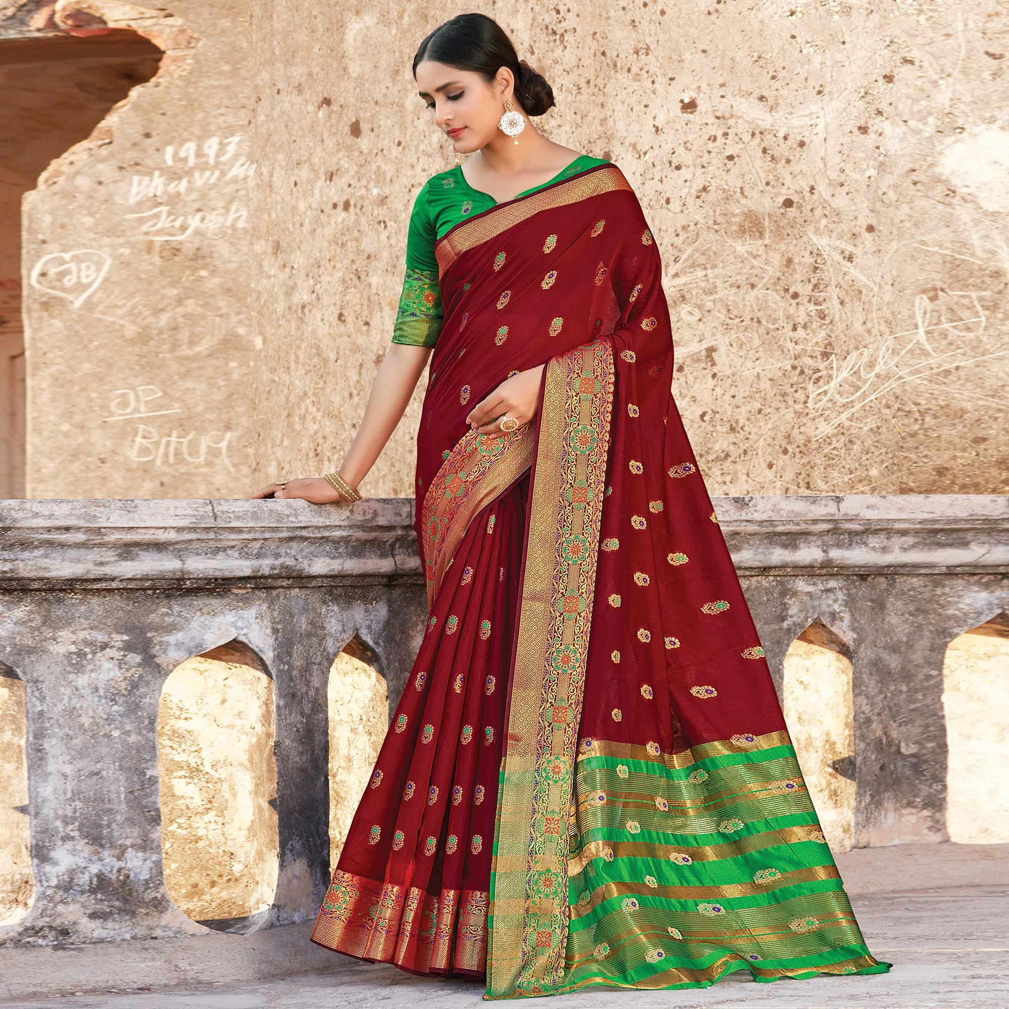 Groovy Brown Colored Festive Wear Woven Cotton Handloom Saree - Peachmode