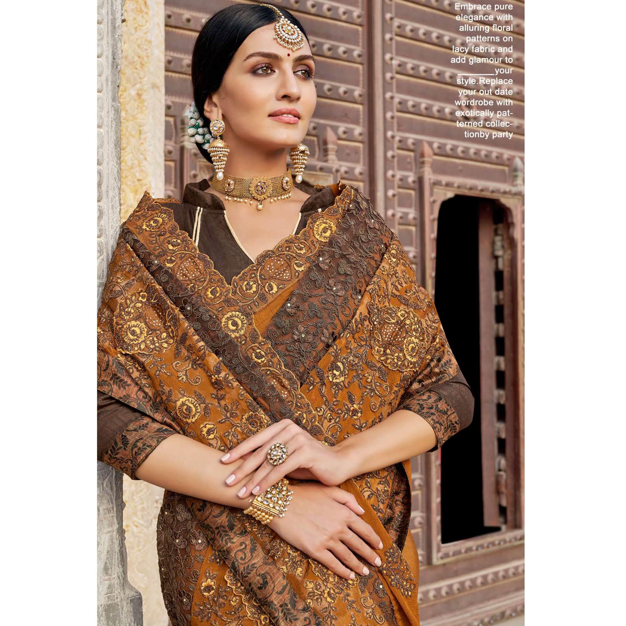 Groovy Brown Colored Party Wear Embroidered Vichitra Art Silk Saree - Peachmode