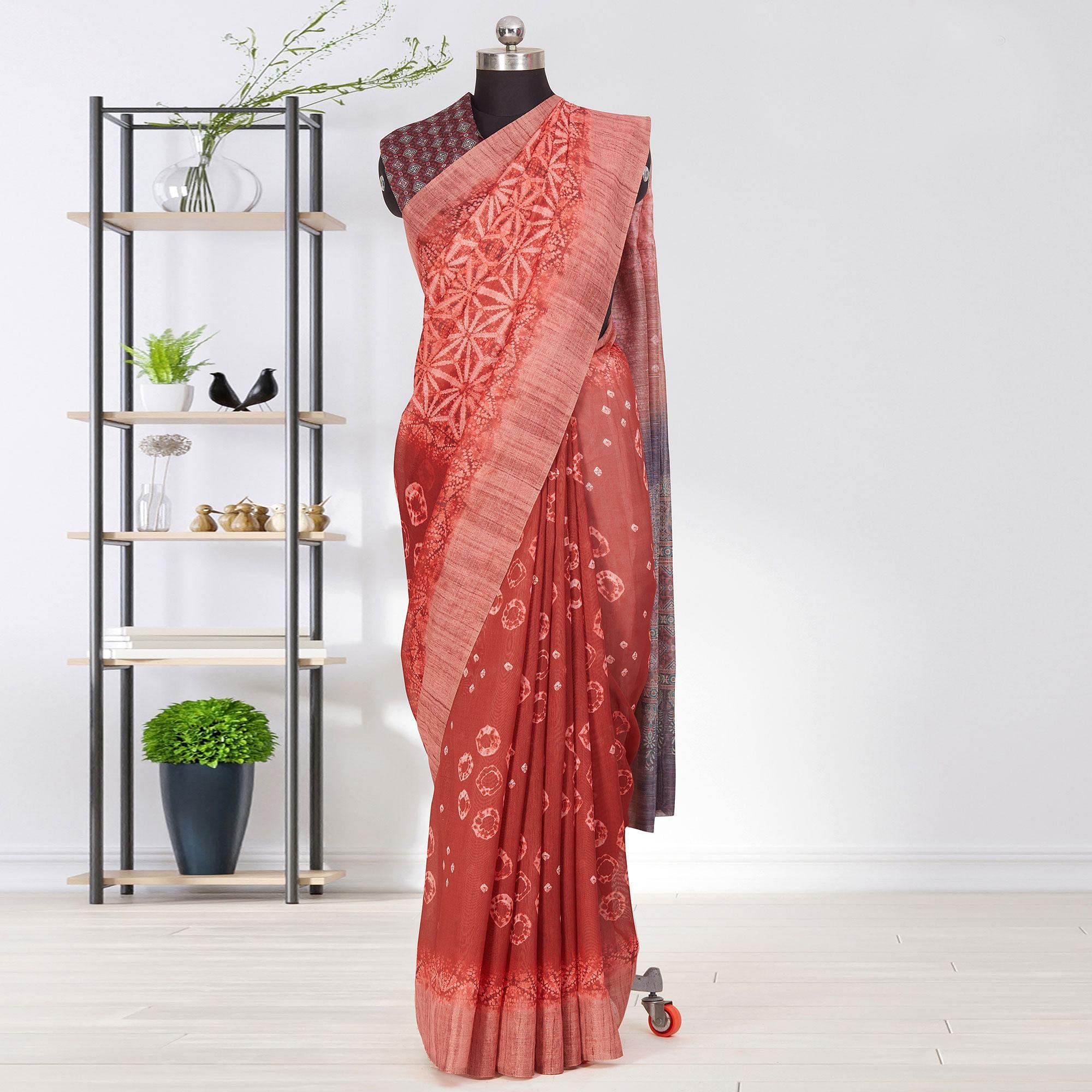Groovy Burgundy Coloured Casual Wear Printed Linen Saree - Peachmode