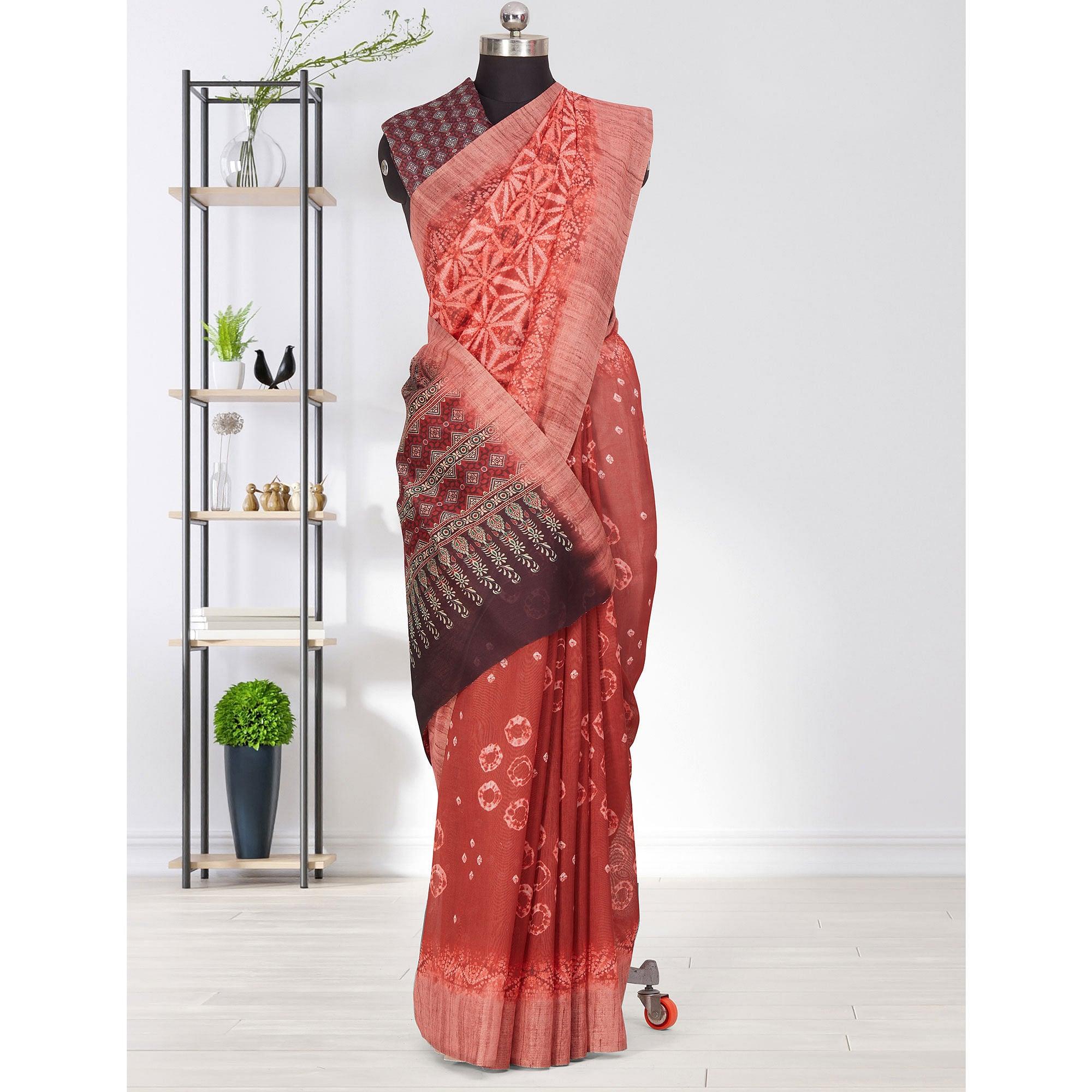 Groovy Burgundy Coloured Casual Wear Printed Linen Saree - Peachmode
