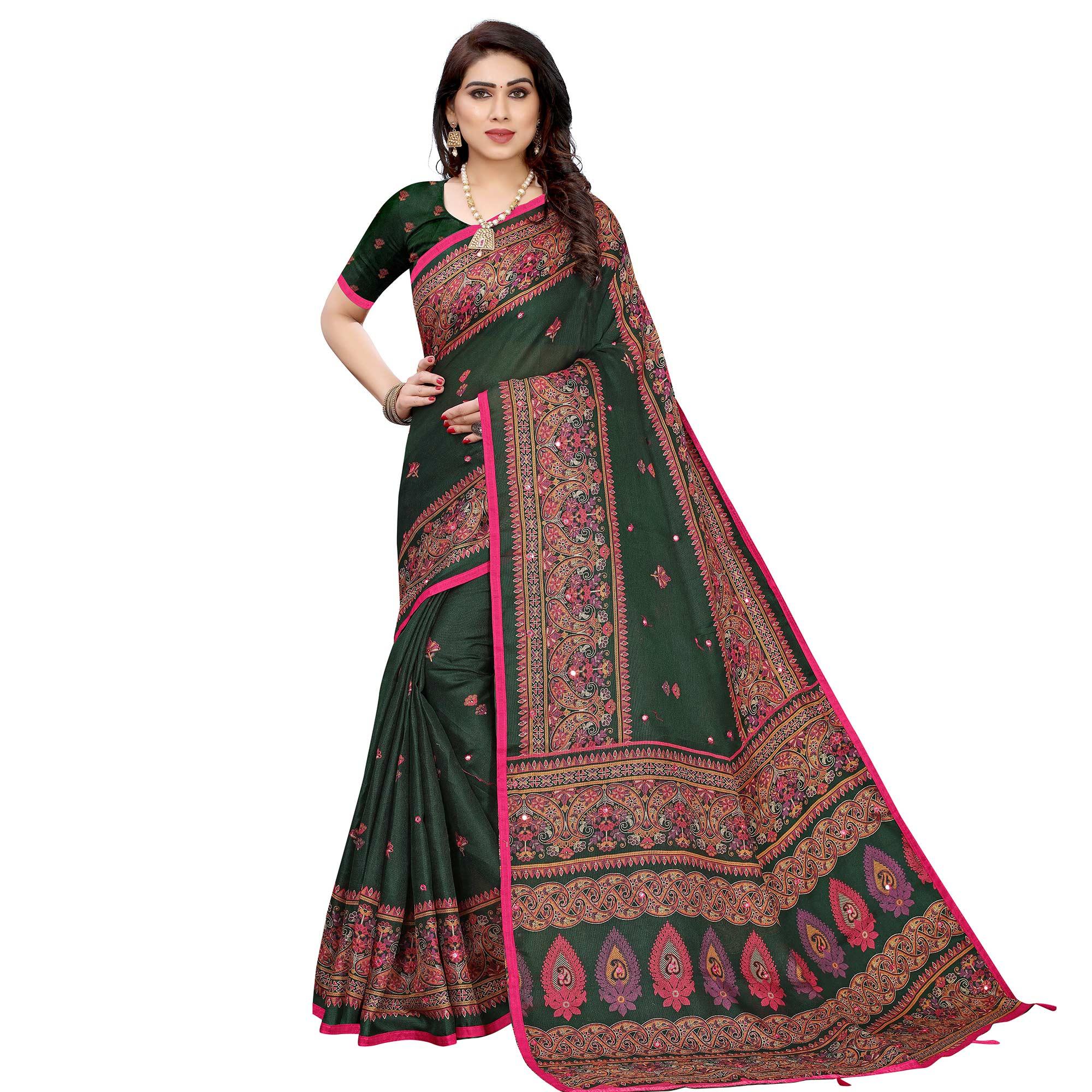 Groovy Dark Green Colored Festive Wear Woven Linen Silk Saree - Peachmode