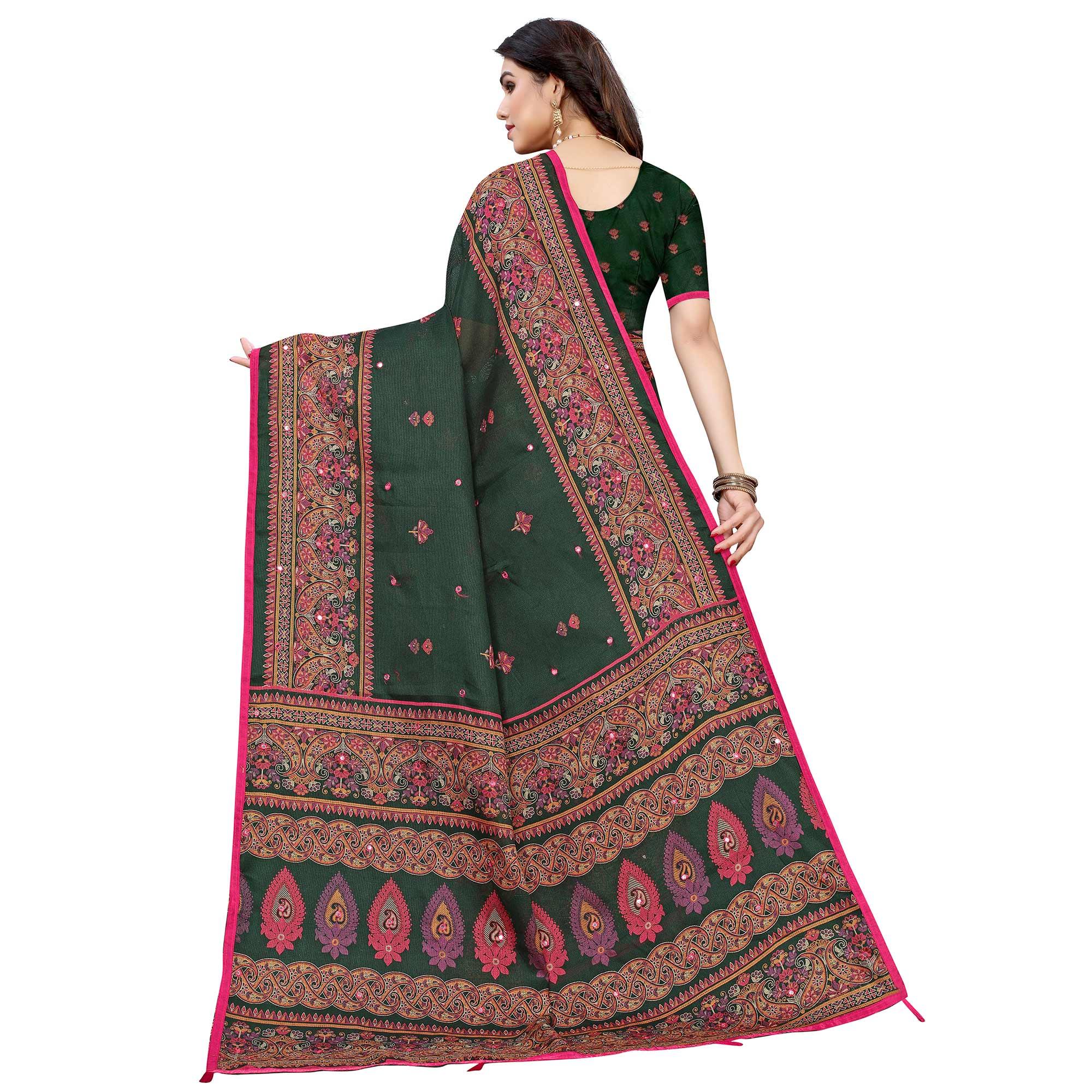Groovy Dark Green Colored Festive Wear Woven Linen Silk Saree - Peachmode