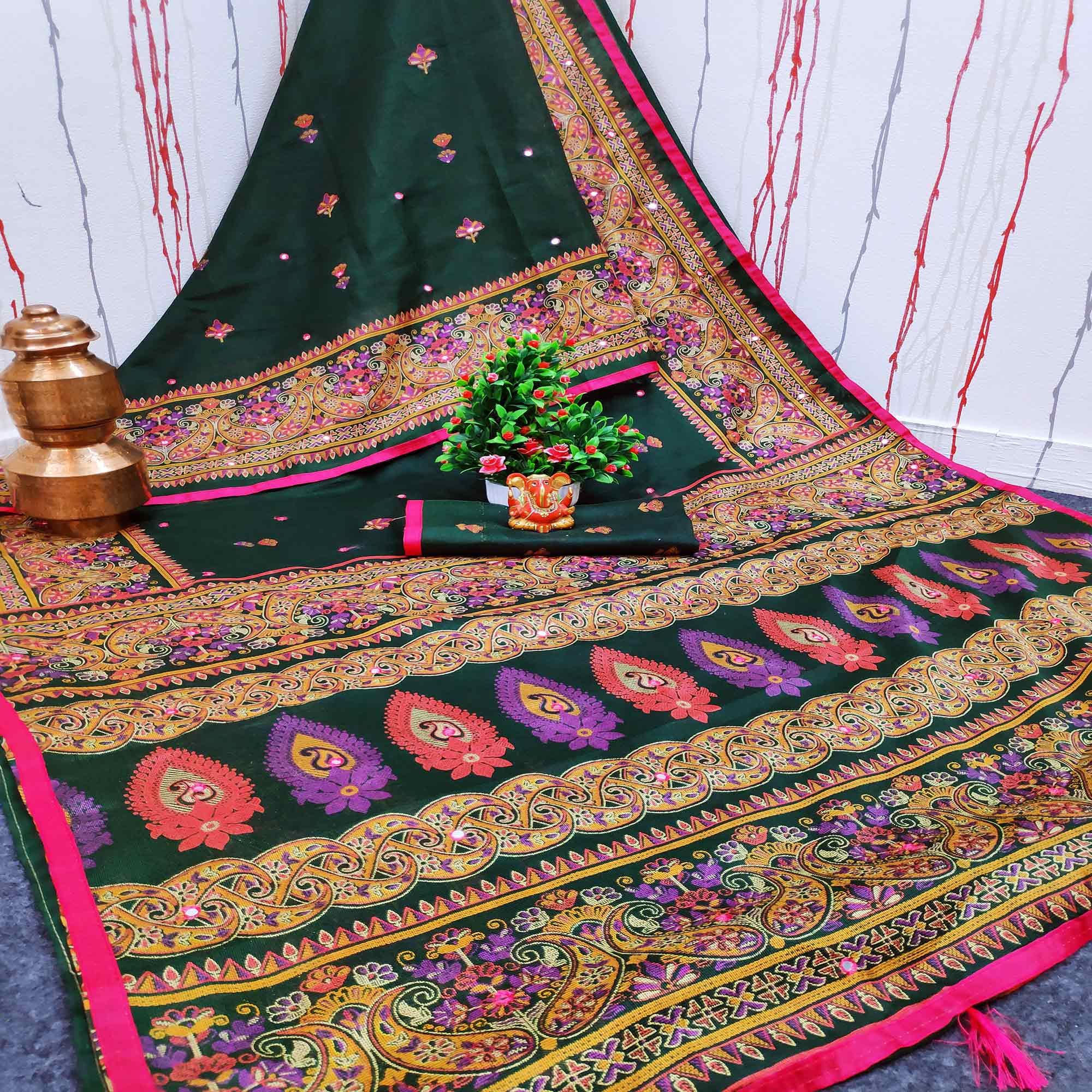 Groovy Dark Green Colored Festive Wear Woven Linen Silk Saree - Peachmode