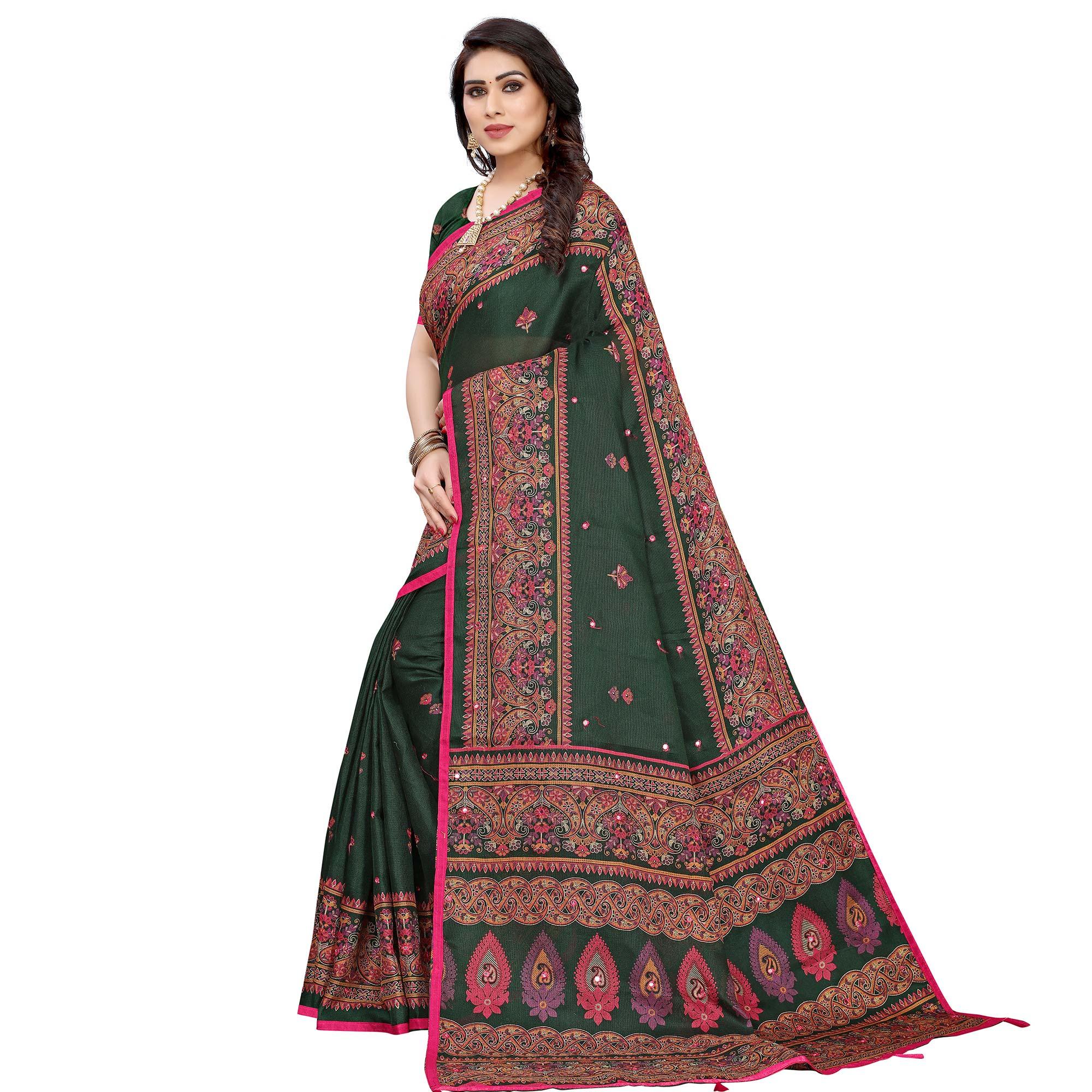 Groovy Dark Green Colored Festive Wear Woven Linen Silk Saree - Peachmode