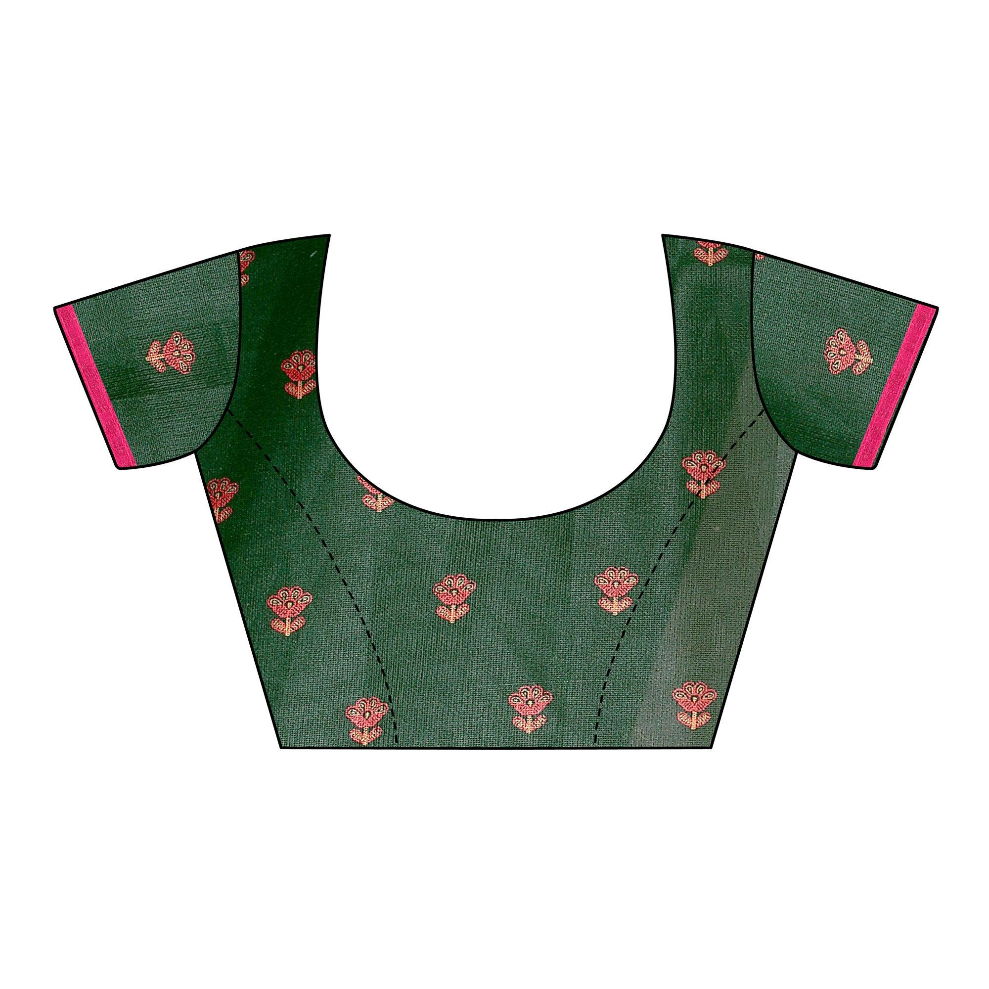 Groovy Dark Green Colored Festive Wear Woven Linen Silk Saree - Peachmode