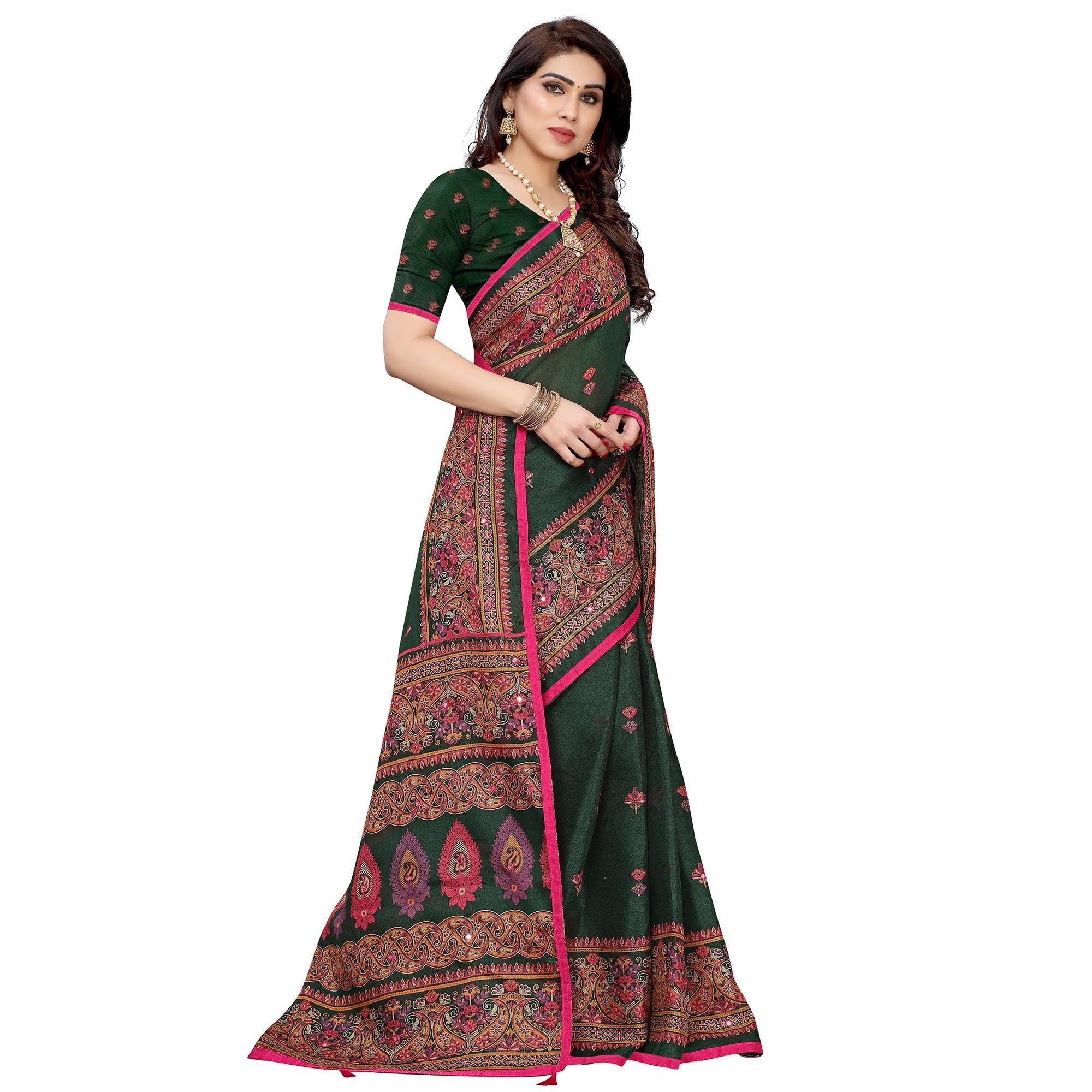 Groovy Dark Green Colored Festive Wear Woven Linen Silk Saree - Peachmode