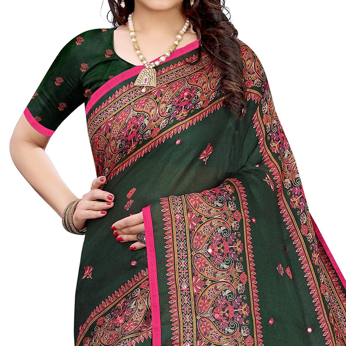 Groovy Dark Green Colored Festive Wear Woven Linen Silk Saree - Peachmode